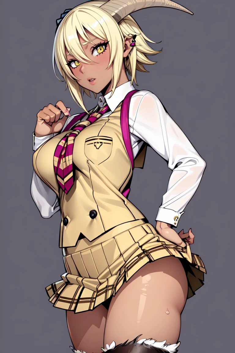 satyrcpt, satyr, goat_horns, legfur, animal ears, solo, 1girl, blonde hair, short hair, amber eyes, no light, dark skin, (gyaru),gyaru clothes, gyaru hair, school shirt, school skirt, piercings, earrings, (tomboy), large breasts, (tall),