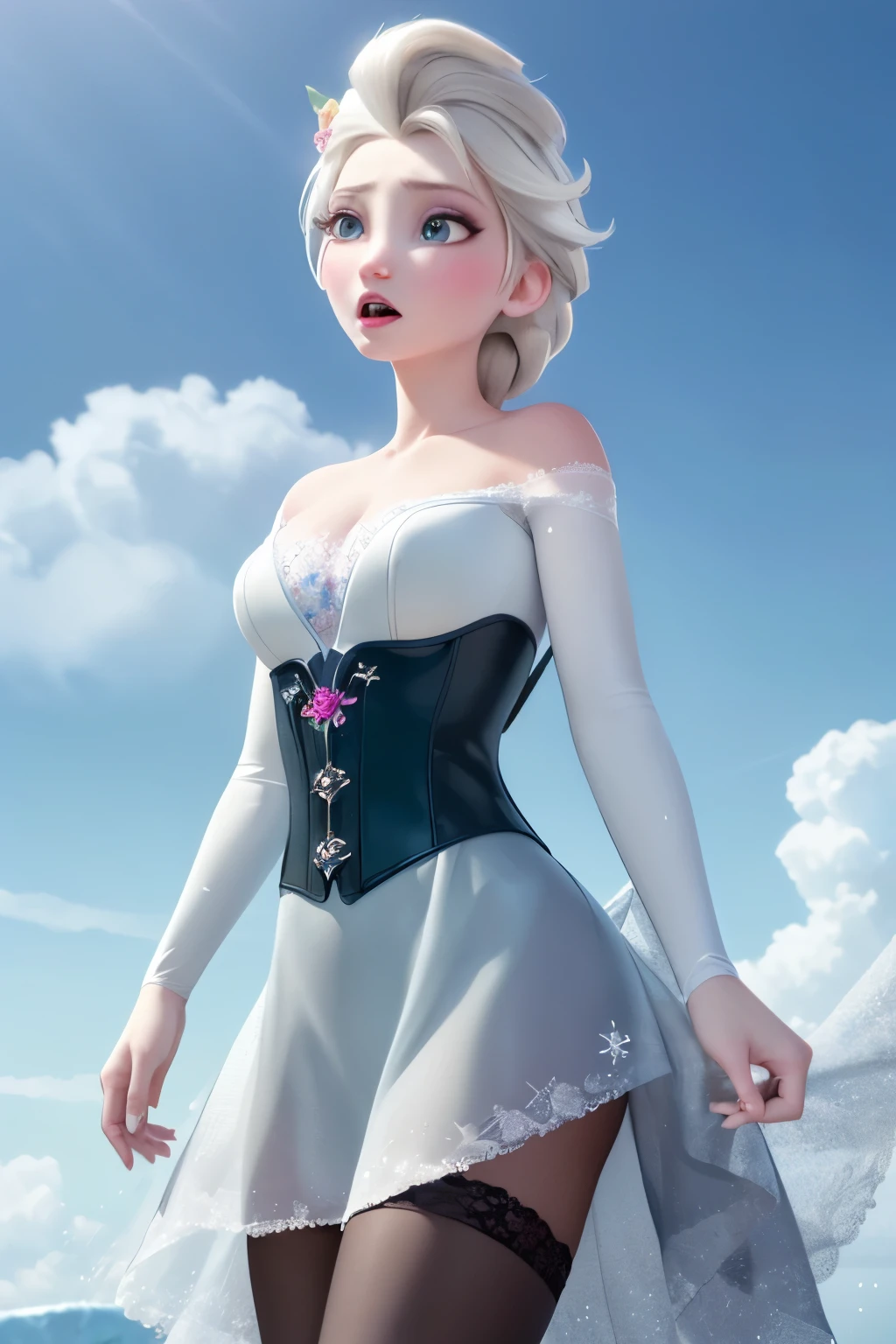 (masterpiece:1.4), (best quality:1.4), (high resolution:1.4), Elsa with a rose , Frozen Elsa, frightened, cute and sexy elsa, beautiful body, Sunny woman in leather clothes with rainy corset and hair, long white day, venus dark gray green beautiful crow looking brown. blue, sky, windy