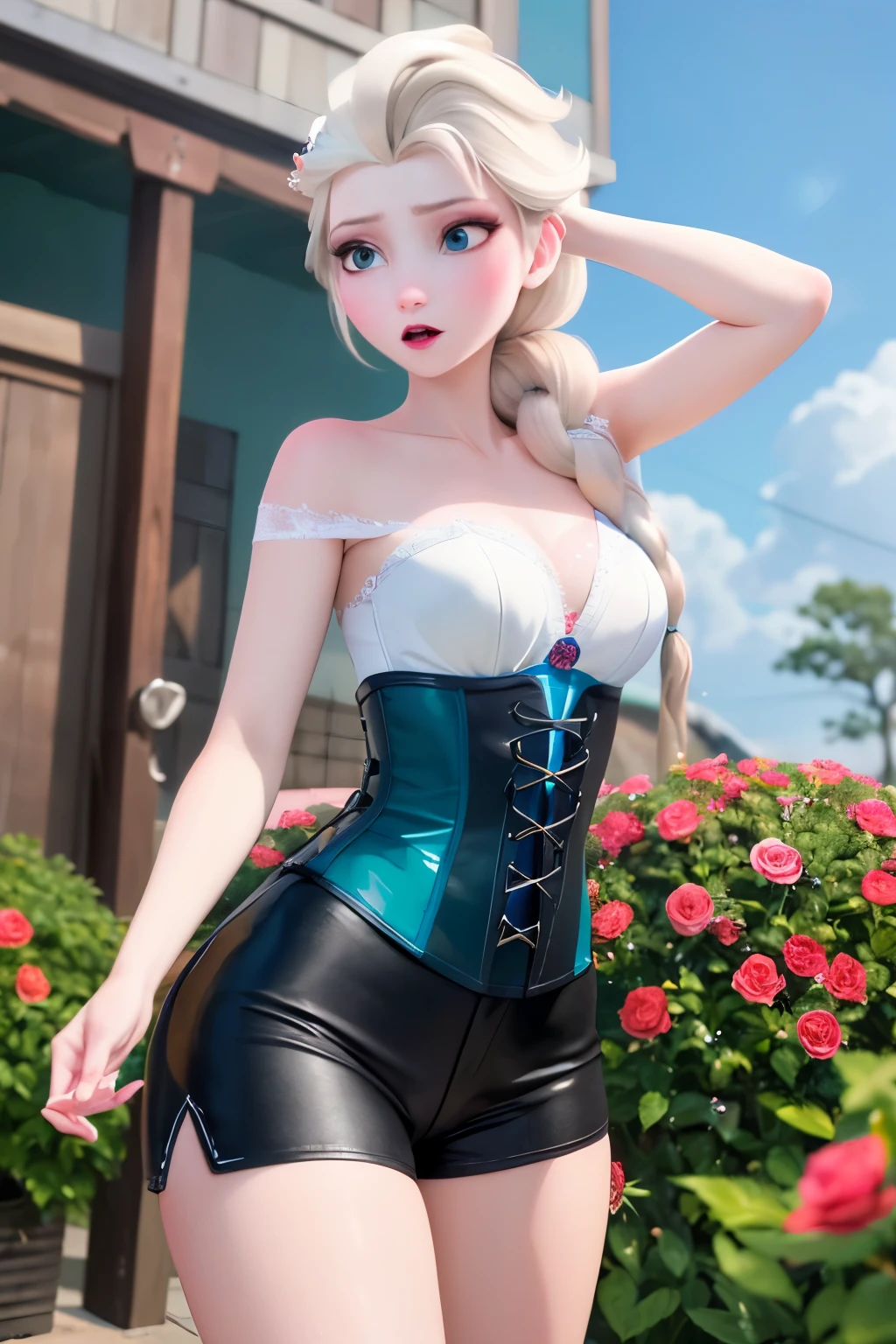 (masterpiece:1.4), (best quality:1.4), (high resolution:1.4), Elsa with a rose , Frozen Elsa, frightened, cute and sexy elsa, beautiful body, Sunny woman in leather clothes with rainy corset and hair, long white day, venus dark gray green beautiful crow looking brown. blue, sky, windy