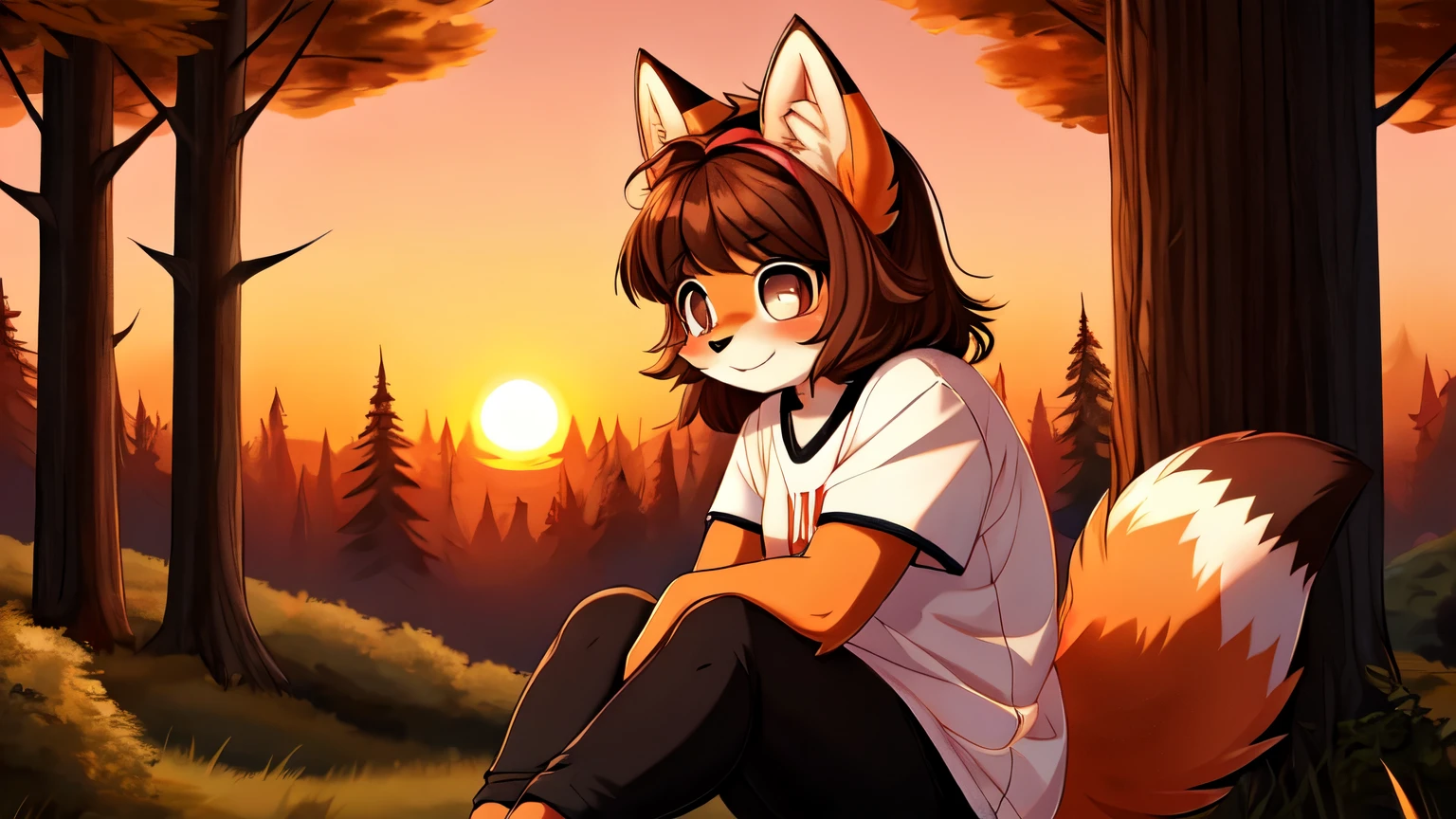 fox girl, furry female, shy, solo, chubby, brown hair, brown eyes, blushed, cute, white t-shirt, black leggings, american, black sweater, sitting, forest, sunset, wallpaper