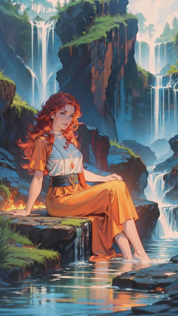 fantasy art, photorealistic, D&D art, a picture of a female monk sitting and meditating near a waterfall, at the base of the waterfall,  there is a human woman monk wearing monk garbs, meditating near a bonfire near an (epic sized waterfall: 1.3), red hair, long hair, full body (best details, Masterpiece, best quality :1.5), ultra detailed face (best details, Masterpiece, best quality :1.5), ultra feminine (best details, Masterpiece, best quality :1.5), exquisite beautiful (best details, Masterpiece, best quality :1.5) red hair, long hair, wavy hair, pale skin, blue eyes, intense eyes, water coming down from a volcanic cliff, multi level water falls, several pools created in different levels, forming new waterfalls, water cascading into a (large lava pool: 1.3) steam rising, clear water in many hues of blue and azure falling, ultra best realistic, best details, best quality, 16k, [ultra detailed], masterpiece, best quality, (extremely detailed), ultra wide shot, photorealism, depth of field, hyper realistic painting, magv1ll