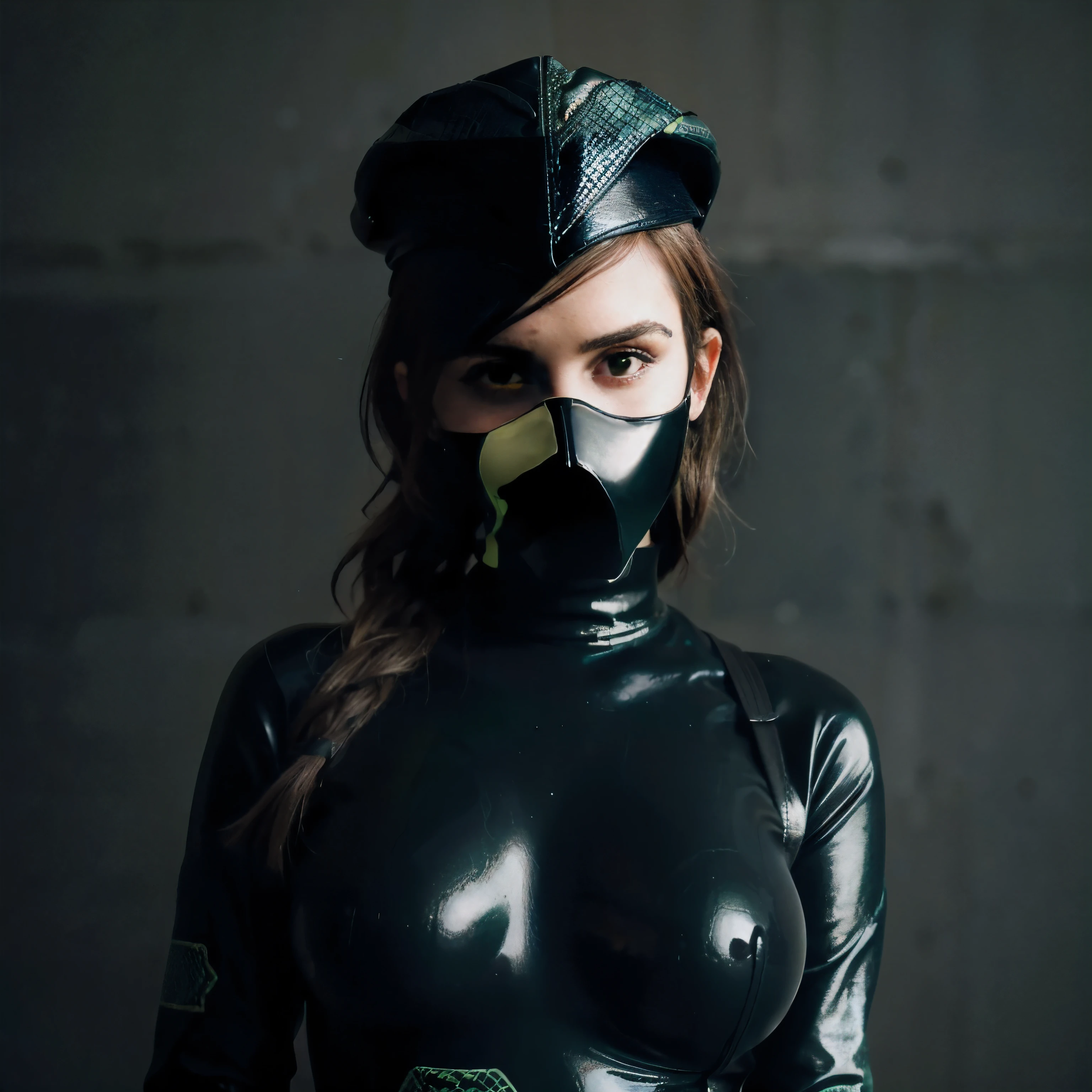 Emma Watson auf Knien, kniet. Kamera von Oben, Schaut in Kamera. Wearing latex catsuit dark green snake pattern, Wears latex gloves dark green snake pattern, Emma Watson, Sexy Aussehen,  Latex dark green snake pattern, schwarzes makeup, schwarzes mascara, enlarged breasts, wears gas mask, hat peitsche in der hand