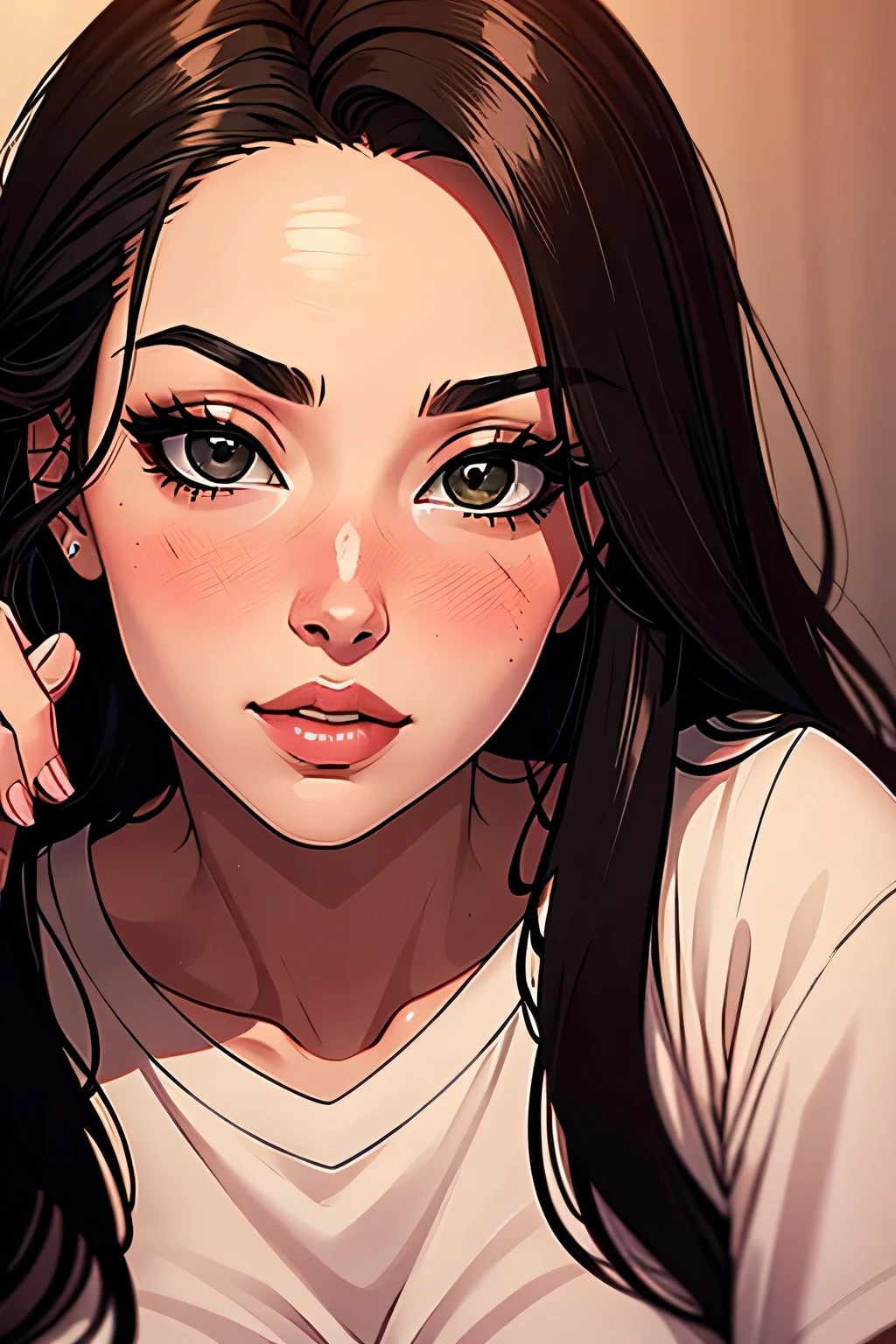 Amazing portrait of a sexy and cute woman with a beautiful face with black brown long straight hair and weak eyes while blushing intensely and her lips are parted being ready to kiss wearing a long oversized white shirt