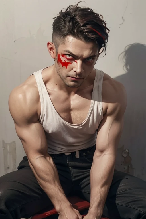 portrait, HANDSOME MEN,white tank top,Sit,Bruised wound,muscular,cigarett, malcolm liepke painting on sensual illustration of an elegant samurai, riot games concept art beauty, eerie, the model draped in flowing, thick oil painting, extremely soft colors, vibrant, highly detailed, , oil on linen, high contrast, dramatic, refined, tonal, a close up of a man with a bloody face and red eyes, with glowing red eyes, with red glowing eyes, red glowing eyes, portrait demon half human, red eyes glowing, glowing red eyes, cyborg zombie, scary look, portrait of a zombie, with red eyes, zombie with white eyes, evil zombie, red - eyed, red-eyed