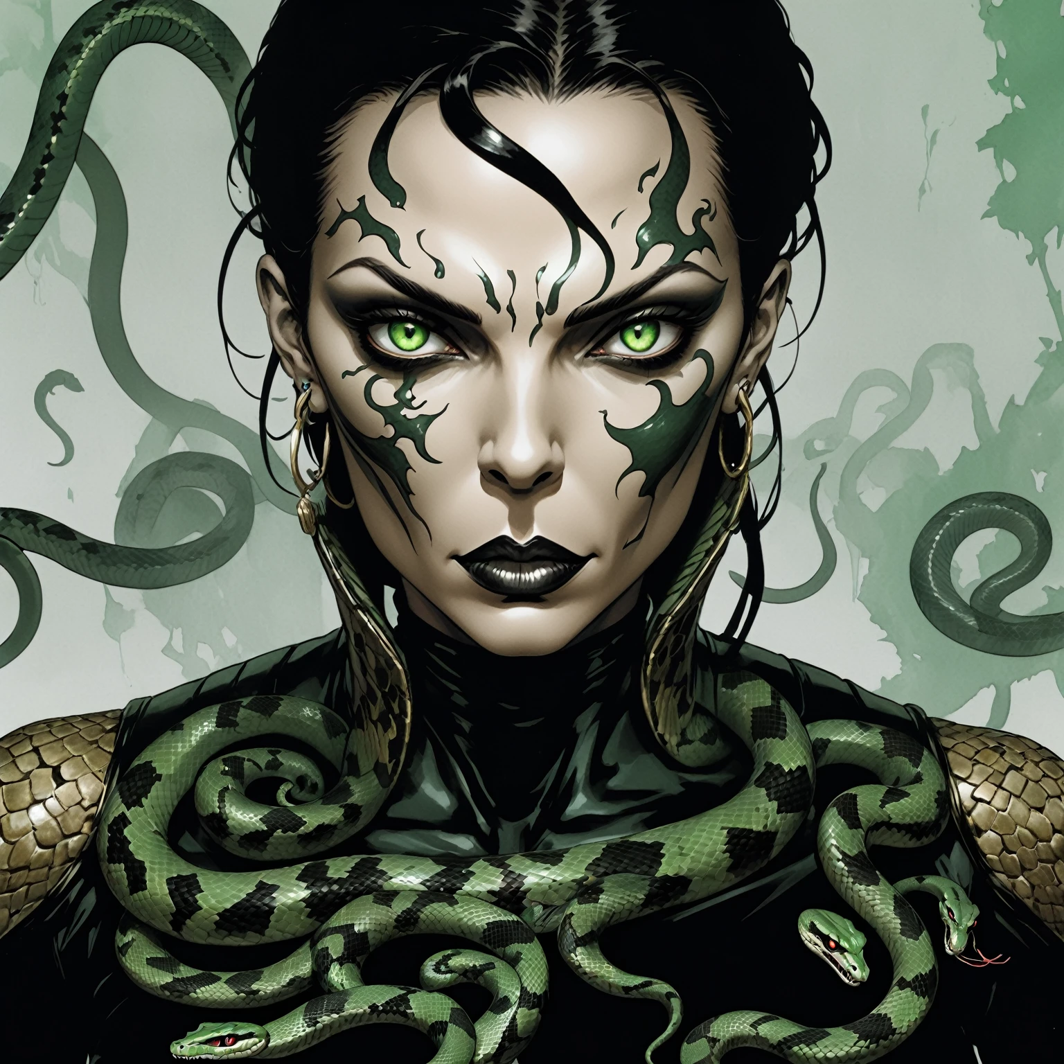 Medusa, comic cover art unzipped from home page, figura de estilo de tinta,((expressiva Joelle Jones e "Sean Gordon Murphy" comic drawing)), sem palavras, Cinematic Poster, Double exposure, optical illusion, imagem dentro da imagem, black empty abyss without visibility darkness, Retrato de corpo inteiro, (Fundo, pinheiros, Entropia, renaturalization, magic hour sunset, stars of the galaxy, cosmos), (Horror, abstrato, surreal, corpo, cosmic), candid, vestido de pele de cobra, corpo anatomy drawn Frederic Delavier musculature anatomical illustration, (face, ornate black metal corpse painting, se parece com Grace Jones), (corpo, Naga, pessoas cobra, lower corpo snake tail, hybrid snake woman, Careca, Calvo, esqueleto, tatuagens de pele de cobra, Olhos penetrantes, Alunos de cobra, Sobre o ombro), (cores, sombrio silenciado profundo ardente radiante brilhante ROYGBIV, verde floresta, Castanho Terra), nuance de artesanato, (Gerardo Zaffino Coal), Subliminal orchids, nictofobia, silhueta