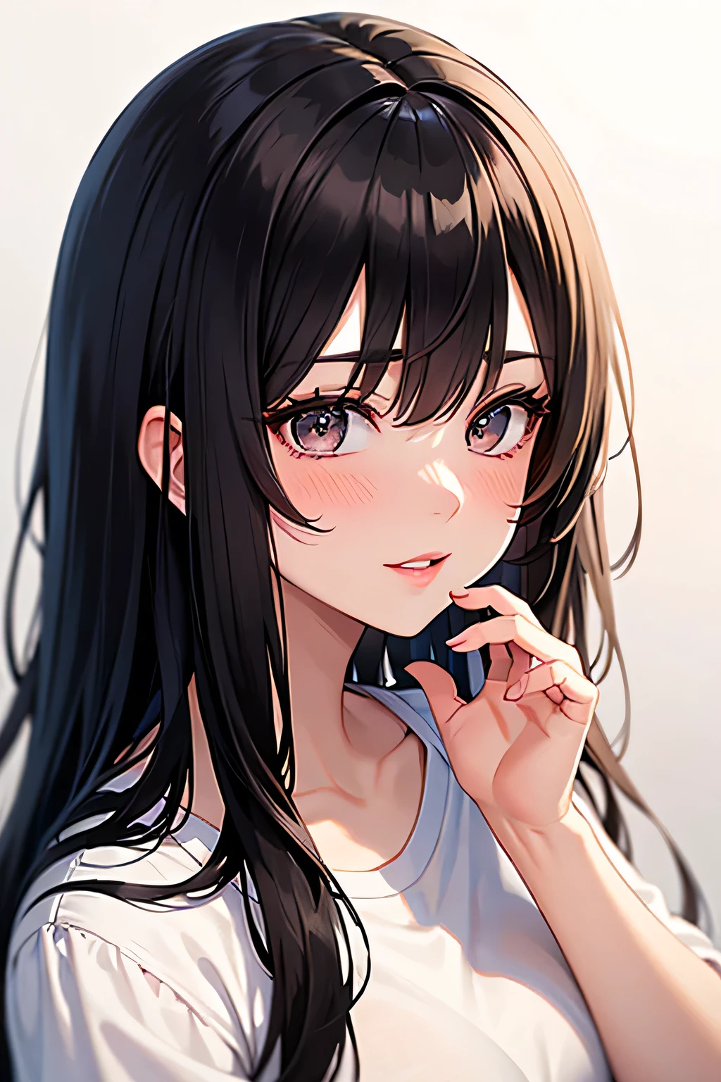 Amazing portrait of a sexy and cute woman with a beautiful face with black brown long straight hair and weak eyes while blushing intensely and her lips are parted being ready to kiss wearing a long oversized white shirt