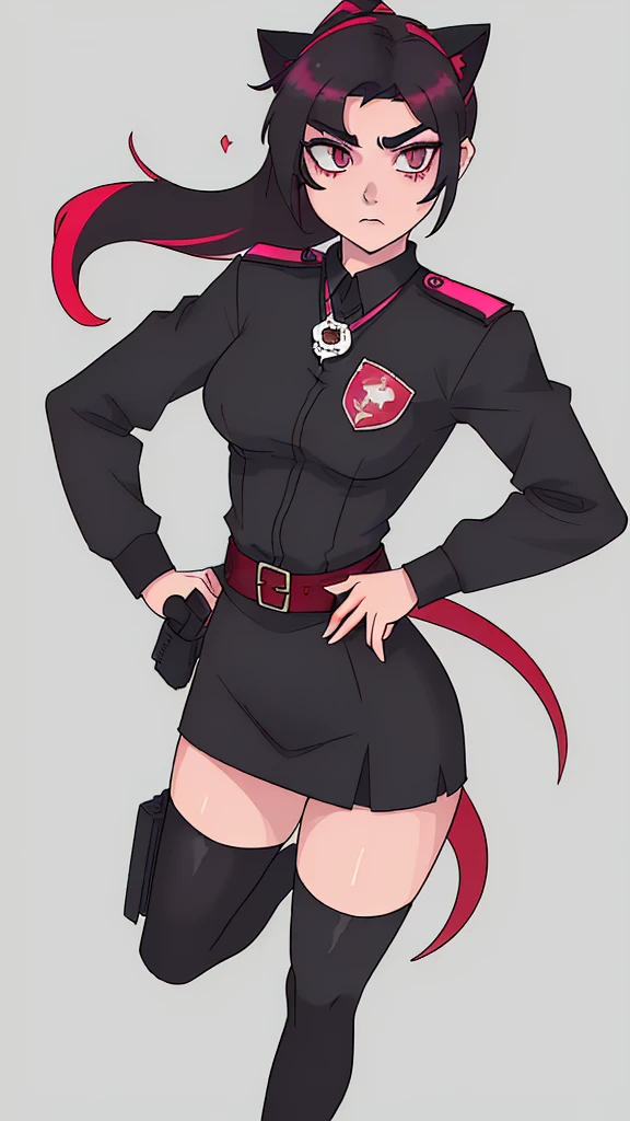 Officer Rika has a lean, athletic build, standing at 5'7" with long, toned legs and a slender waist.with big  and fat ass .Her skin is a fair porcelain tone, and her eyes are a striking shade of ruby red that seem to smolder with intensity. She has long, straight jet-black hair that reaches down to her waist, with a vibrant scarlet streak running through it. A small, alluring scar above her left brow adds a touch of mystery to her captivating features.Officer Rika wears a tailored black police uniform, which accentuates her figure and features. The jacket is fitted at the waist and sleeves, with epaulettes on the shoulders and a badge on the left breast pocket. The skirt is a short, flared design that showcases her shapely legs, and she wears black stockings underneath for practicality. Her shoes are a combination of black boots and polished leather dress shoes, completing the ensemble. To accessorize her look, Rika holds a sleek, black pistol in her right hand, ready for action. She also wears a matching black headband that holds her hair back in a sleek ponytail, with a small pair of cat ears on her head and tail st back. Her utility belt is adorned with various pouches and holsters for her police equipment, adding a touch of functionality to her sexiness.