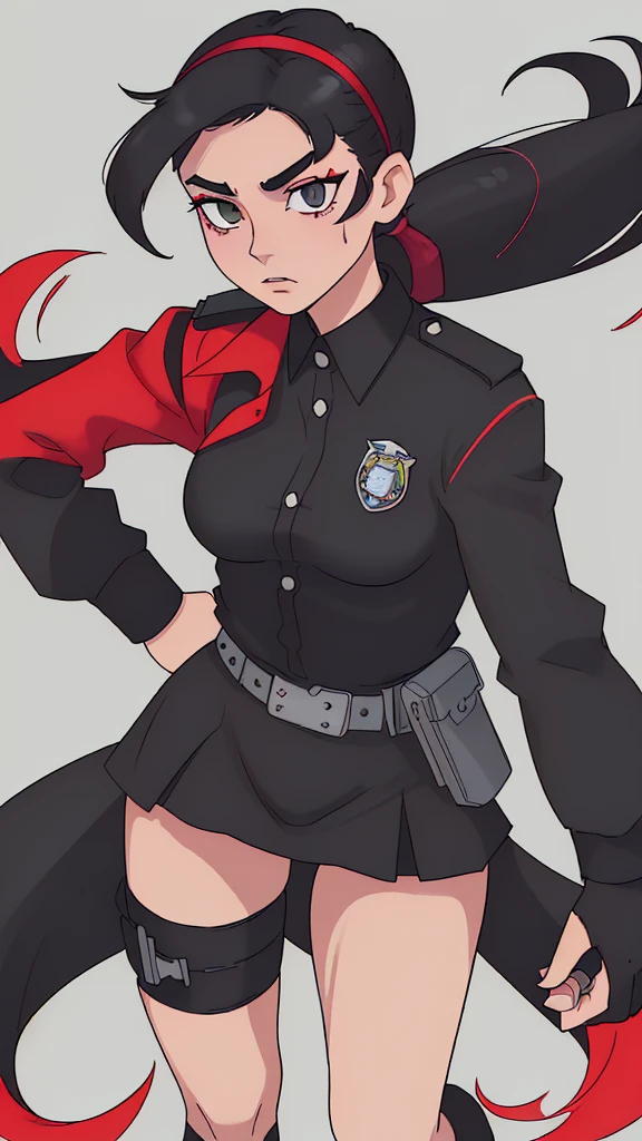 Officer Rika has a lean, athletic build, standing at 5'7" with long, toned legs and a slender waist.with big and fat ass .Her skin is a fair porcelain tone, and her eyes are a striking shade of ruby red that seem to smolder with intensity. She has long, straight jet-black hair that reaches down to her waist, with a vibrant scarlet streak running through it. A small, alluring scar above her left brow adds a touch of mystery to her captivating features.Officer Rika wears a tailored black police uniform, which accentuates her figure and features. The jacket is fitted at the waist and sleeves, with epaulettes on the shoulders and a badge on the left breast pocket. The skirt is a short, flared design that showcases her shapely legs, and she wears black stockings underneath for practicality. Her shoes are a combination of black boots and polished leather dress shoes, completing the ensemble. To accessorize her look, Rika holds a sleek, black pistol in her right hand, ready for action. She also wears a matching black headband that holds her hair back in a sleek ponytail, with a small pair of cat ears on her head and tail st back. Her utility belt is adorned with various pouches and holsters for her police equipment, adding a touch of functionality to her sexiness.
