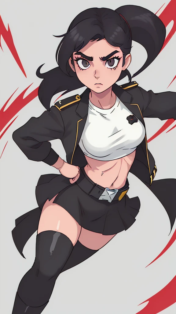 grey background 1girl black hair yellow eyes very long hair pale skin angry bodybuilder huge breasts muscular toned body curvy wide hips thick thighs (school uniform)