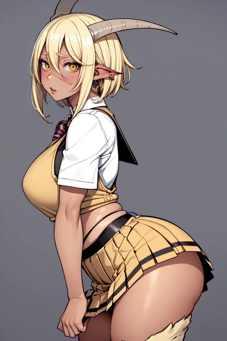 satyrcpt, satyr, goat_horns, legfur, animal ears, solo, 1girl, blonde hair, short hair, amber eyes, no light, mature, curvy, dark skin, (gyaru),gyaru clothes, gyaru hair, school shirt, school skirt, piercings, earrings, (tomboy), large breasts, (tall),