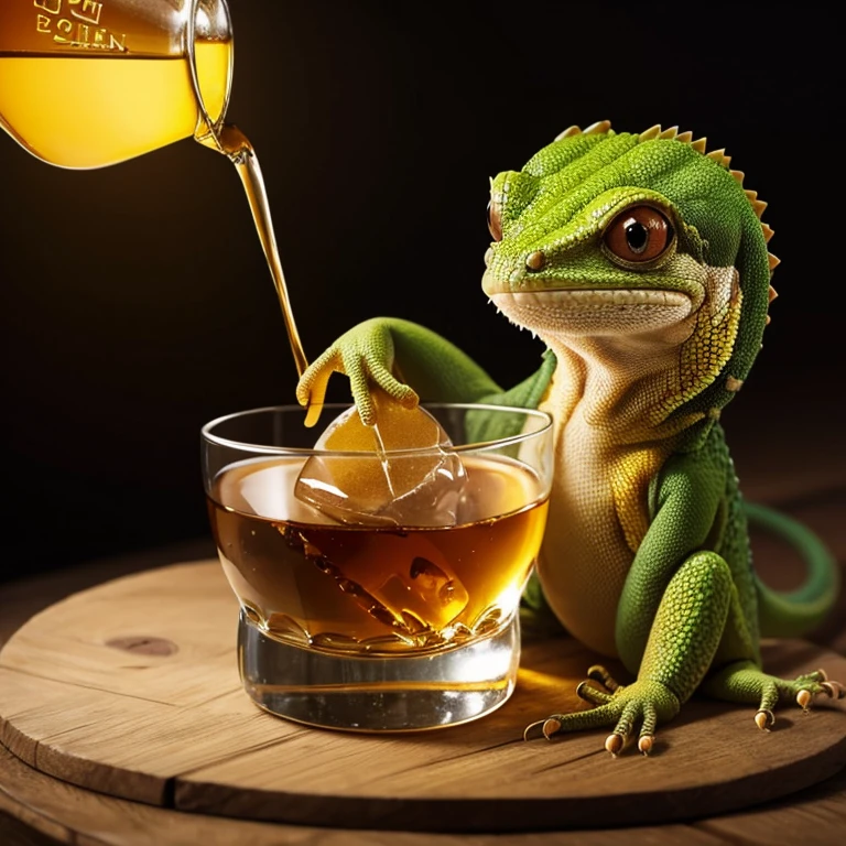 Fait moi une bouteille de whisky avec un gecko posé sur la bouteille 