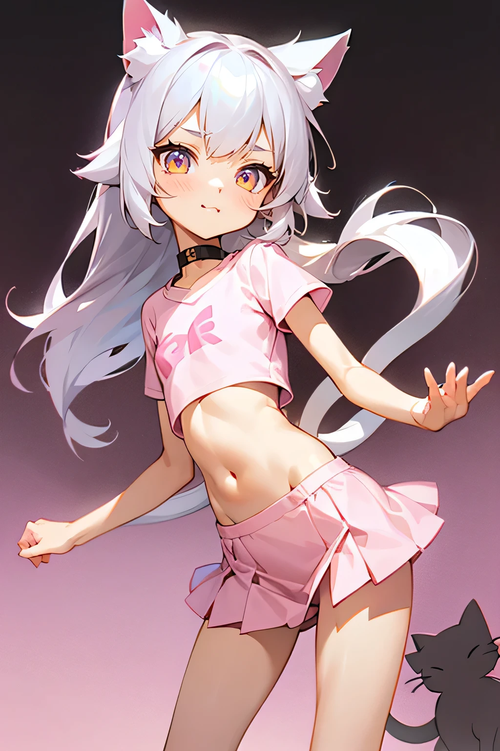 1girl, silver hair, golden eyes with pupils, ((skinny)), ((ite)), short, small, ((neko)), (cropped solid pastel pink tshirt), long hair, short skirt, (((kid, cat ears, happy, blush, flat chest, midriff, at school, hand on tummy, belly rub