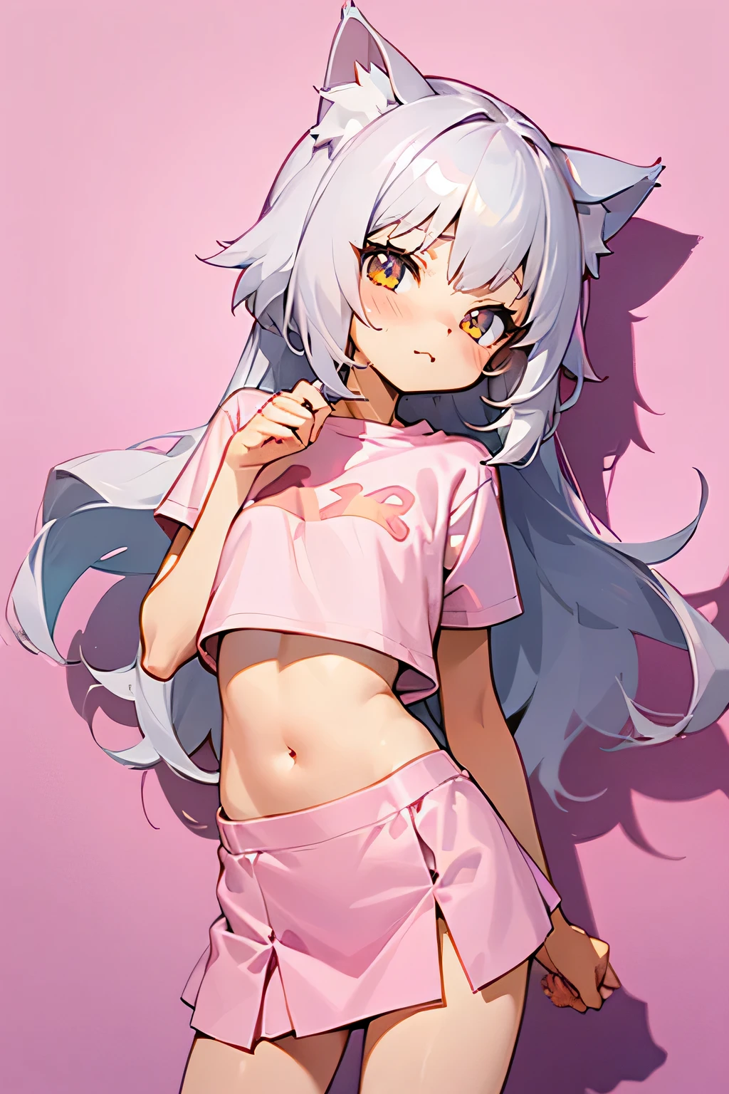 1girl, silver hair, golden eyes with pupils, ((skinny)), ((ite)), short, small, ((neko)), (cropped solid pastel pink tshirt), long hair, short skirt, (((kid, cat ears, happy, blush, flat chest, midriff, at school, hand on tummy, belly rub