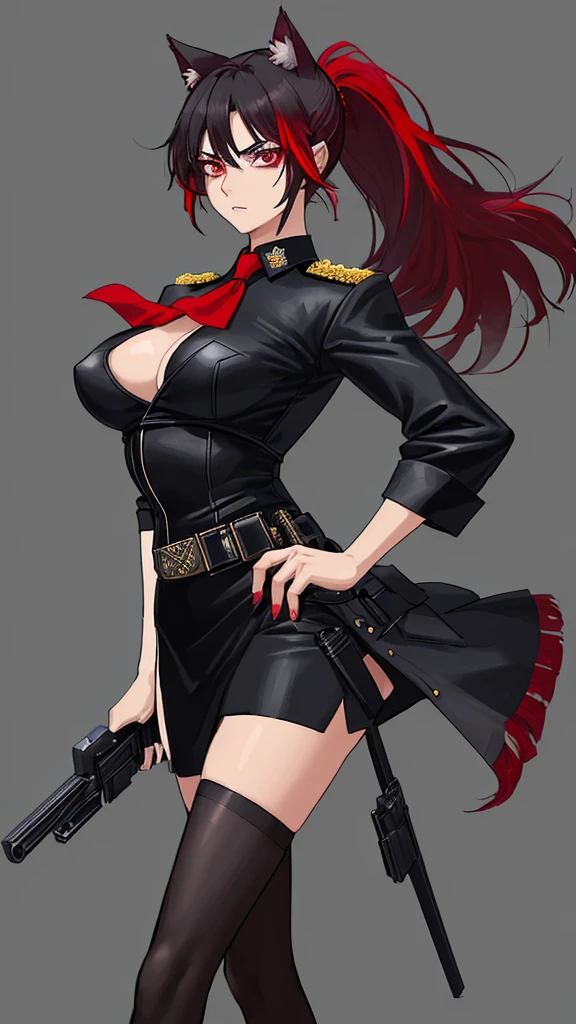 Officer Rika has a lean, athletic build, standing at 5'7" with long, toned legs and a slender waist.with big  and fat ??? .Her skin is a fair porcelain tone, and her eyes are a striking shade of ruby red that seem to smolder with intensity. She has long, straight jet-black hair that reaches down to her waist, with a vibrant scarlet streak running through it. A small, alluring scar above her left brow adds a touch of mystery to her captivating features.Officer Rika wears a tailored black police uniform, which accentuates her figure and features. The jacket is fitted at the waist and sleeves, with epaulettes on the shoulders and a badge on the left ?????? pocket. The skirt is a short, flared design that showcases her shapely legs, and she wears black stockings underneath for practicality. Her shoes are a combination of black boots and polished leather dress shoes, completing the ensemble. To accessorize her look, Rika holds a sleek, black pistol in her right hand, ready for action. She also wears a matching black headband that holds her hair back in a sleek ponytail, with a small pair of cat-like ears perched on top. Her utility belt is adorned with various pouches and holsters for her police equipment, adding a touch of functionality to her sexiness.
