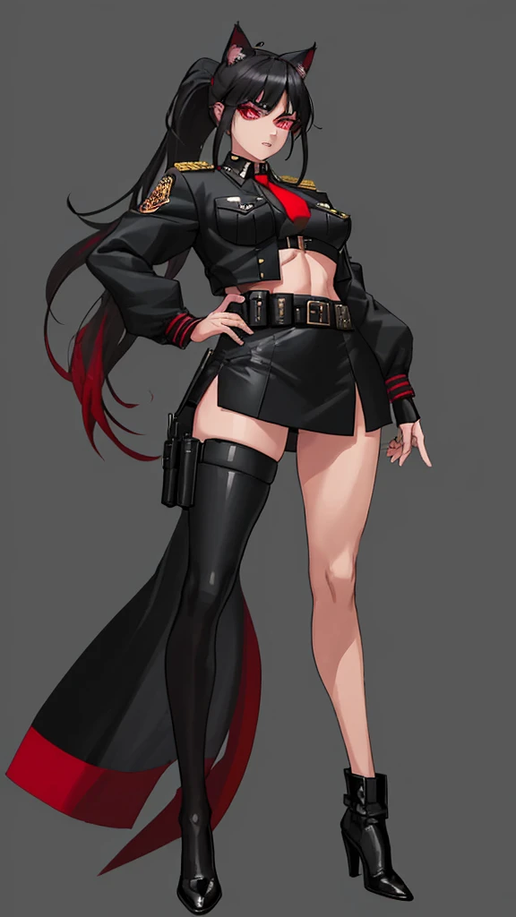 Officer Rika has a lean, athletic build, standing at 5'7" with long, toned legs and a slender waist.with big  and fat ass .Her skin is a fair porcelain tone, and her eyes are a striking shade of ruby red that seem to smolder with intensity. She has long, straight jet-black hair that reaches down to her waist, with a vibrant scarlet streak running through it. A small, alluring scar above her left brow adds a touch of mystery to her captivating features.Officer Rika wears a tailored black police uniform, which accentuates her figure and features. The jacket is fitted at the waist and sleeves, with epaulettes on the shoulders and a badge on the left breast pocket. The skirt is a short, flared design that showcases her shapely legs, and she wears black stockings underneath for practicality. Her shoes are a combination of black boots and polished leather dress shoes, completing the ensemble. To accessorize her look, Rika holds a sleek, black pistol in her right hand, ready for action. She also wears a matching black headband that holds her hair back in a sleek ponytail, with a small pair of cat-like ears perched on top. Her utility belt is adorned with various pouches and holsters for her police equipment, adding a touch of functionality to her sexiness.