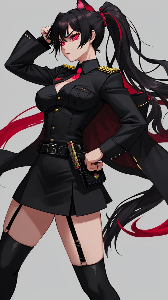 Officer Rika has a lean, athletic build, standing at 5'7" with long, toned legs and a slender waist.with big and fat ass .Her skin is a fair porcelain tone, and her eyes are a striking shade of ruby red that seem to smolder with intensity. She has long, straight jet-black hair that reaches down to her waist, with a vibrant scarlet streak running through it. A small, alluring scar above her left brow adds a touch of mystery to her captivating features.Officer Rika wears a tailored black police uniform, which accentuates her figure and features. The jacket is fitted at the waist and sleeves, with epaulettes on the shoulders and a badge on the left breast pocket. The skirt is a short, flared design that showcases her shapely legs, and she wears black stockings underneath for practicality. Her shoes are a combination of black boots and polished leather dress shoes, completing the ensemble. To accessorize her look, Rika holds a sleek, black pistol in her right hand, ready for action. She also wears a matching black headband that holds her hair back in a sleek ponytail, with a small pair of cat-like ears perched on top. Her utility belt is adorned with various pouches and holsters for her police equipment, adding a touch of functionality to her sexiness.