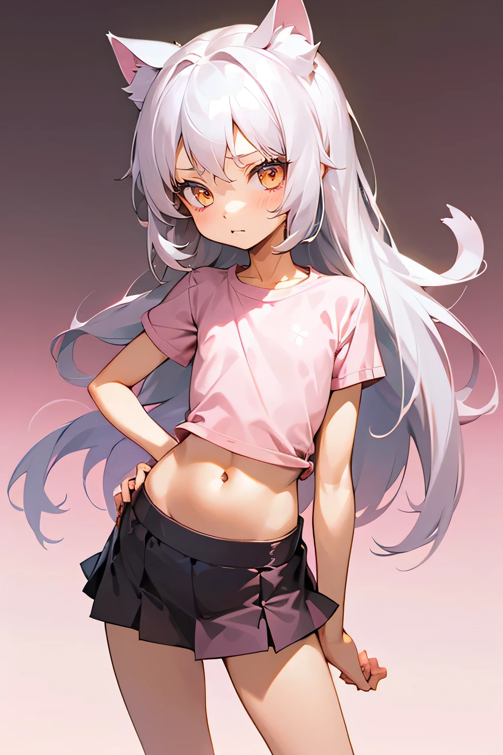 1girl, silver hair, golden eyes with pupils, ((skinny)), ((petite)), short, small, ((neko)), (cropped solid pastel pink tshirt), long hair, short skirt, (((???))), cat ears, happy, blush, flat chest, midriff, at school, hand on tummy, belly rub