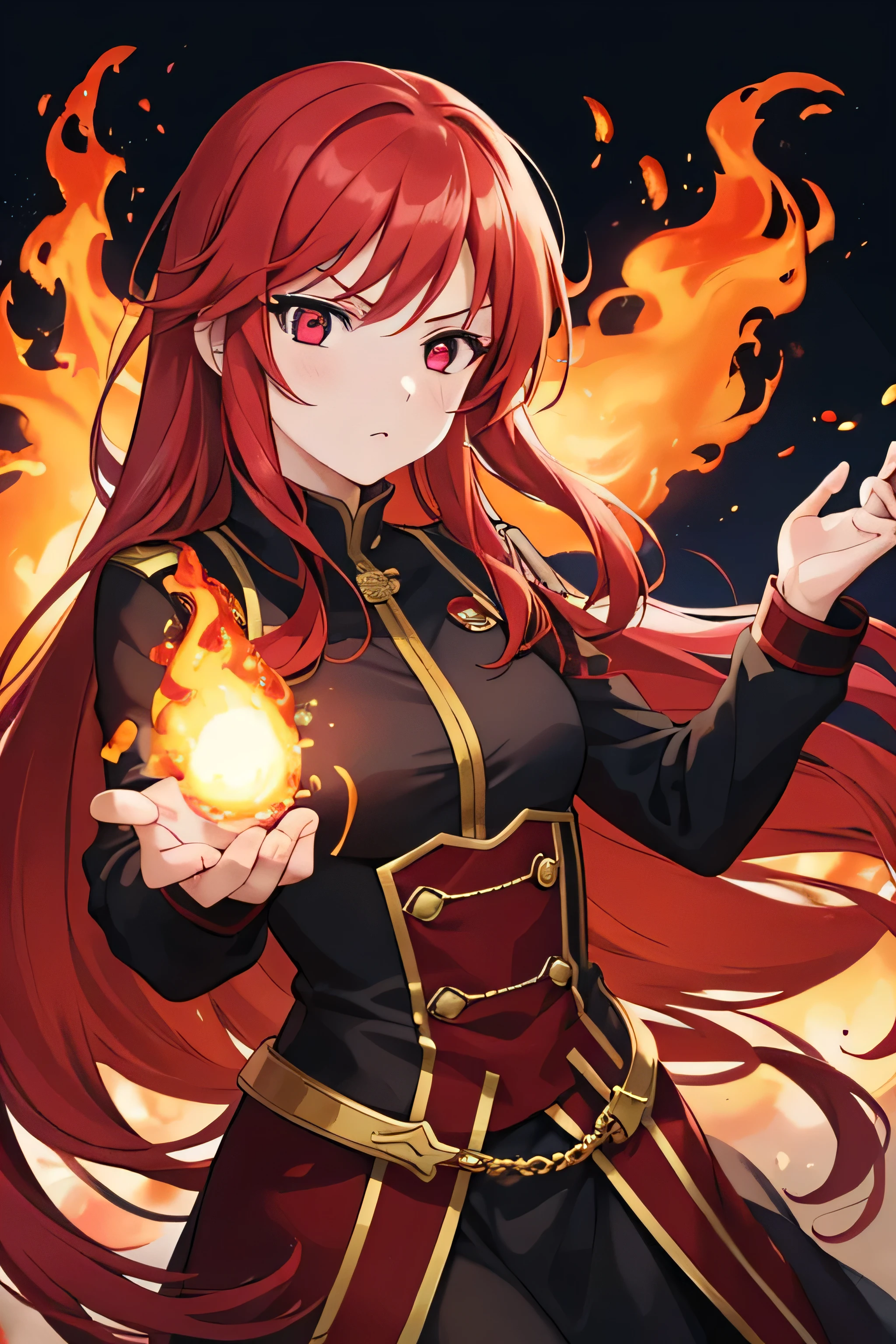 A girl with the ability to use fire with long red hair as a serious expression her lips closed with a serious expression with an open hand and a fire flame and around her fire in the night background