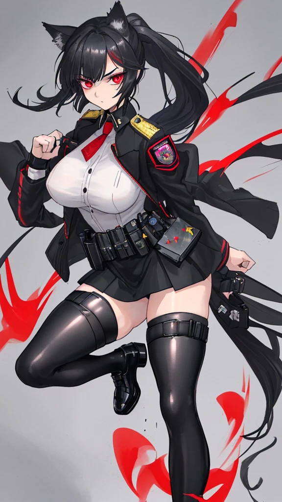Officer Rika has a lean, athletic build, standing at 5'7" with long, toned legs and a slender waist.with big and fat ass .Her skin is a fair porcelain tone, and her eyes are a striking shade of ruby red that seem to smolder with intensity. She has long, straight jet-black hair that reaches down to her waist, with a vibrant scarlet streak running through it. A small, alluring scar above her left brow adds a touch of mystery to her captivating features.Officer Rika wears a tailored black police uniform, which accentuates her figure and features. The jacket is fitted at the waist and sleeves, with epaulettes on the shoulders and a badge on the left breast pocket. The skirt is a short, flared design that showcases her shapely legs, and she wears black stockings underneath for practicality. Her shoes are a combination of black boots and polished leather dress shoes, completing the ensemble. To accessorize her look, Rika holds a sleek, black pistol in her right hand, ready for action. She also wears a matching black headband that holds her hair back in a sleek ponytail, with cat ears and cat tail . Her utility belt is adorned with various pouches and holsters for her police equipment, adding a touch of functionality to her sexiness.