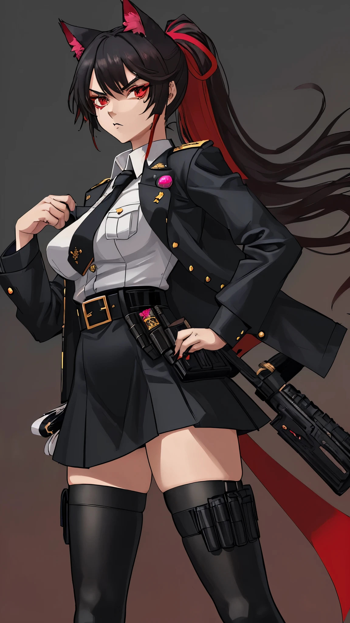Officer Rika has a lean, athletic build, standing at 5'7" with long, toned legs and a slender waist.with big and fat ass .Her skin is a fair porcelain tone, and her eyes are a striking shade of ruby red that seem to smolder with intensity. She has long, straight jet-black hair that reaches down to her waist, with a vibrant scarlet streak running through it. A small, alluring scar above her left brow adds a touch of mystery to her captivating features.Officer Rika wears a tailored black police uniform, which accentuates her figure and features. The jacket is fitted at the waist and sleeves, with epaulettes on the shoulders and a badge on the left breast pocket. The skirt is a short, flared design that showcases her shapely legs, and she wears black stockings underneath for practicality. Her shoes are a combination of black boots and polished leather dress shoes, completing the ensemble. To accessorize her look, Rika holds a sleek, black pistol in her right hand, ready for action. She also wears a matching black headband that holds her hair back in a sleek ponytail, with a small pair of cat-like ears perched on top. Her utility belt is adorned with various pouches and holsters for her police equipment, adding a touch of functionality to her sexiness.