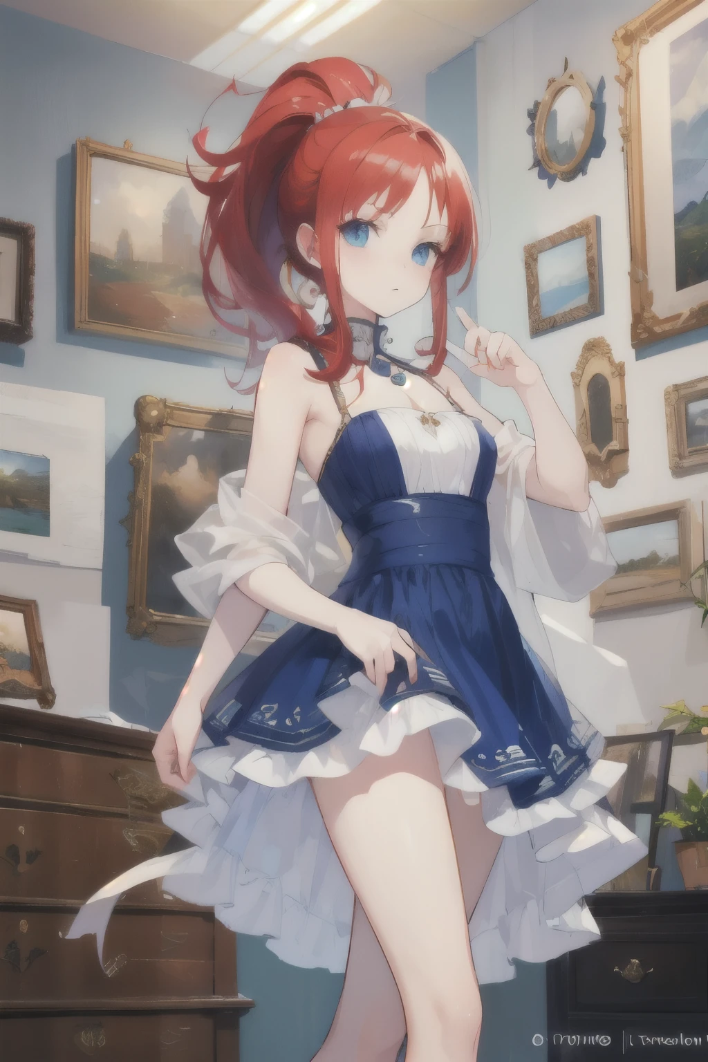 Red hair,ponytail,Blue Eyes,intellectual,art gallery,curator,Fantasy,one piece,dress,mini skirt