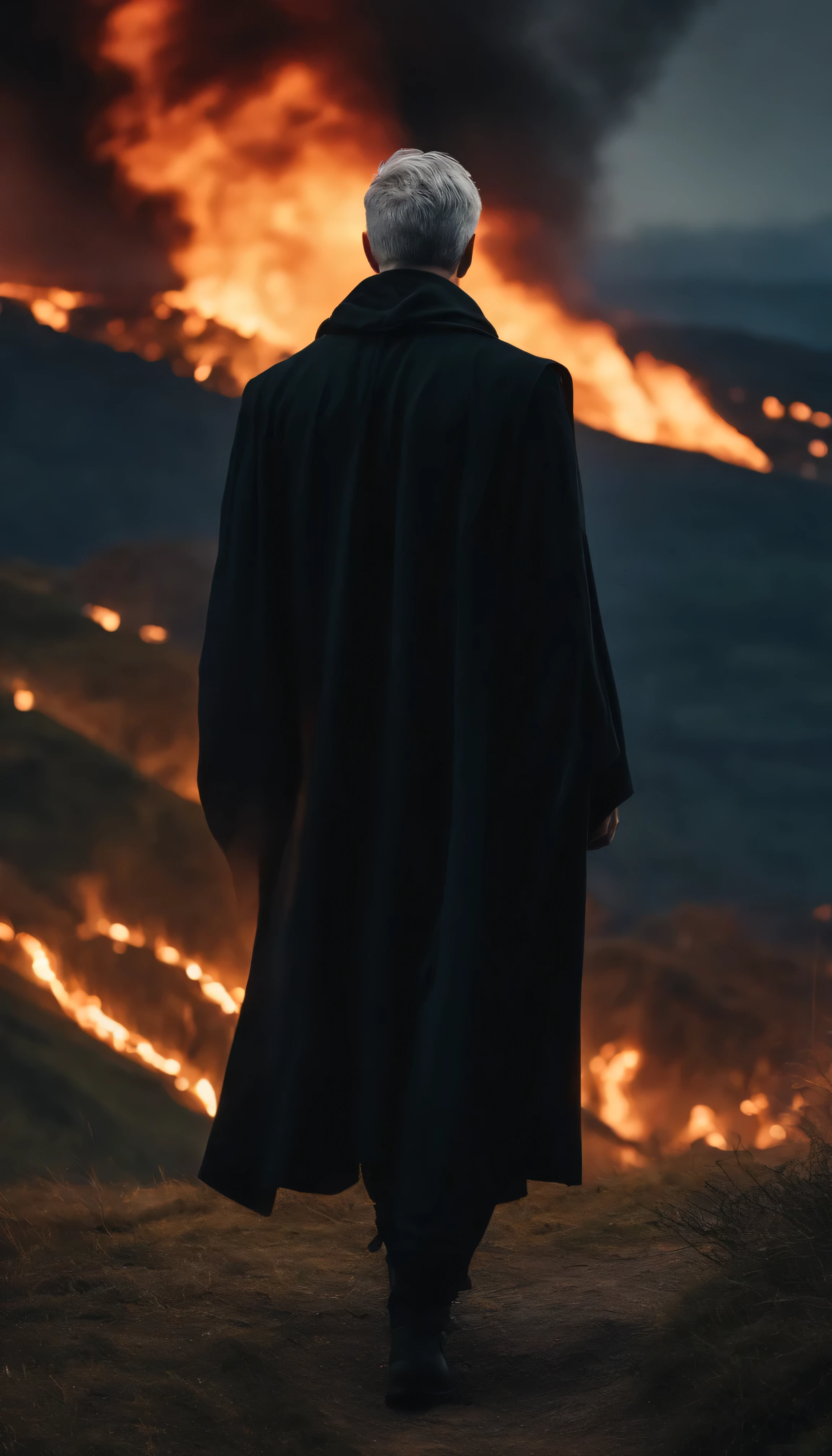 8k, close half body portrait of a male young wizard with black clothes and grey short hair from behind, with a burning village background from the hill.