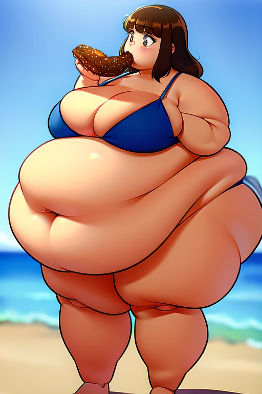 make brownhaired ssbbw fat girl and she eating more all fastfood in ripped bikini on beach