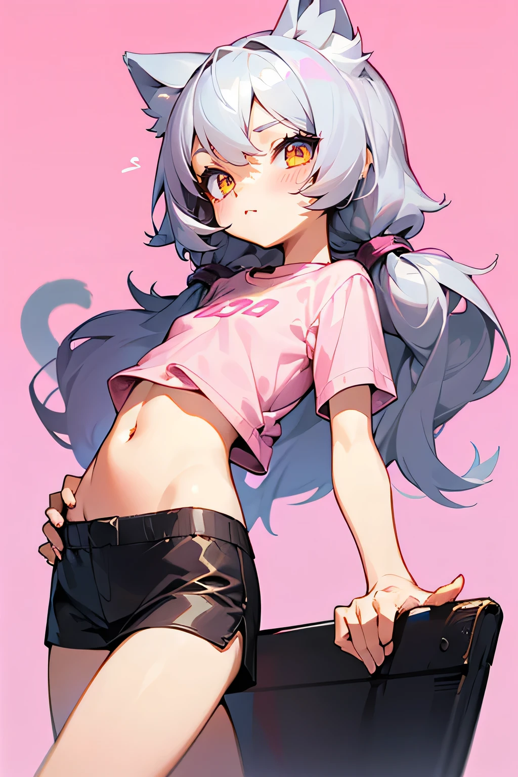 1girl, silver hair, golden eyes with pupils, ((skinny)), ((petite)), short, small, ((neko)), (cropped solid pastel pink tshirt), long hair, short skirt, (((???))), cat ears, happy, blush, flat chest, midriff, at school, hand on tummy, belly rub
