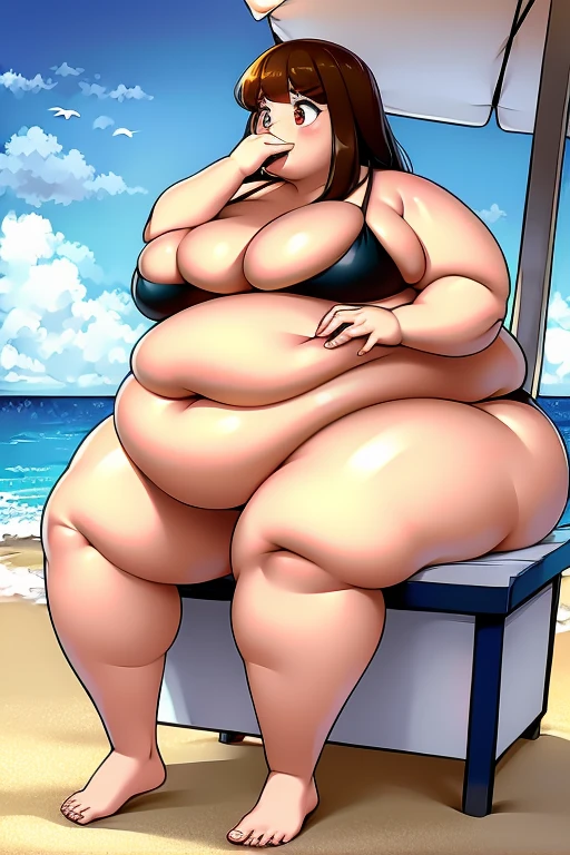 make brownhaired ssbbw fat girl and she eating more all fastfood in ripped bikini on beach