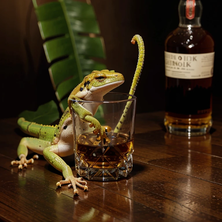 un gecko qui tient une bouteille de whisky