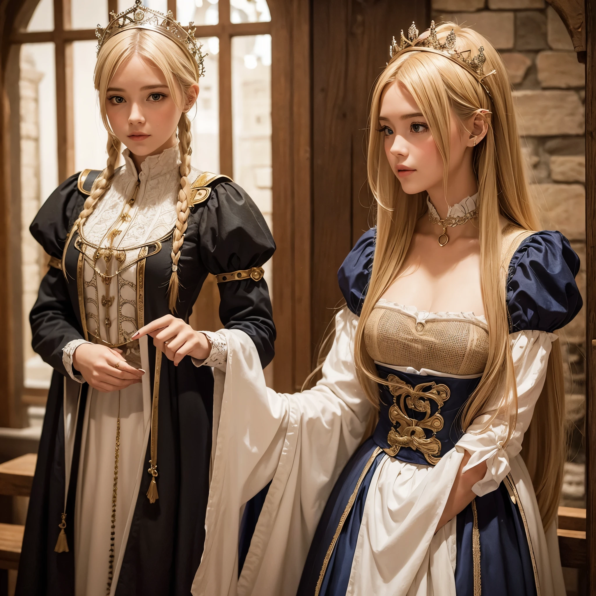 Una chica rubia, hermosa con vestimenta medieval