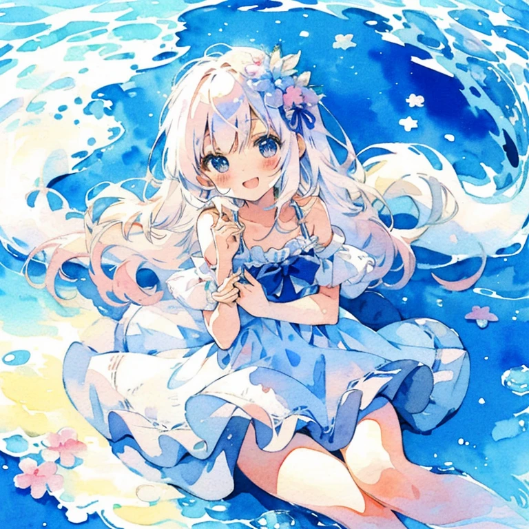 Beach, cute moe angel girl, calm, (healing), sitting, playing, watercolor, (cute 6 year old girl), long eyelashes, attractive, sparkling big eyes, ((cute swimsuit dress with lots of ribbons, lace and frills)), big smile. ((watercolor style, moe anime textures)), world full of magical light, ((cute)), gentle, healing, magical fantasy, (((top quality, highest image quality))),