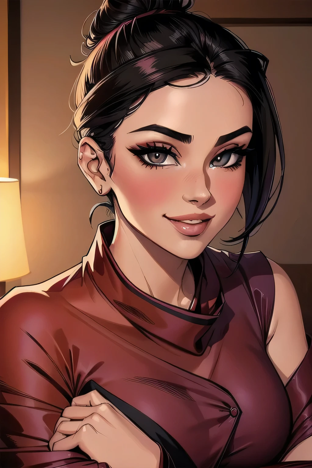 Amazing portrait of a sexy woman with a beautiful face and black hair tied in a bun with smokey eyes lined with an eyeliner and her glossy lips are parted while blushing intensely and smiling wearing maroon kurta pajama with maroon sheer shawl while lying on bed with her head on a pillow facing towards the viewer 