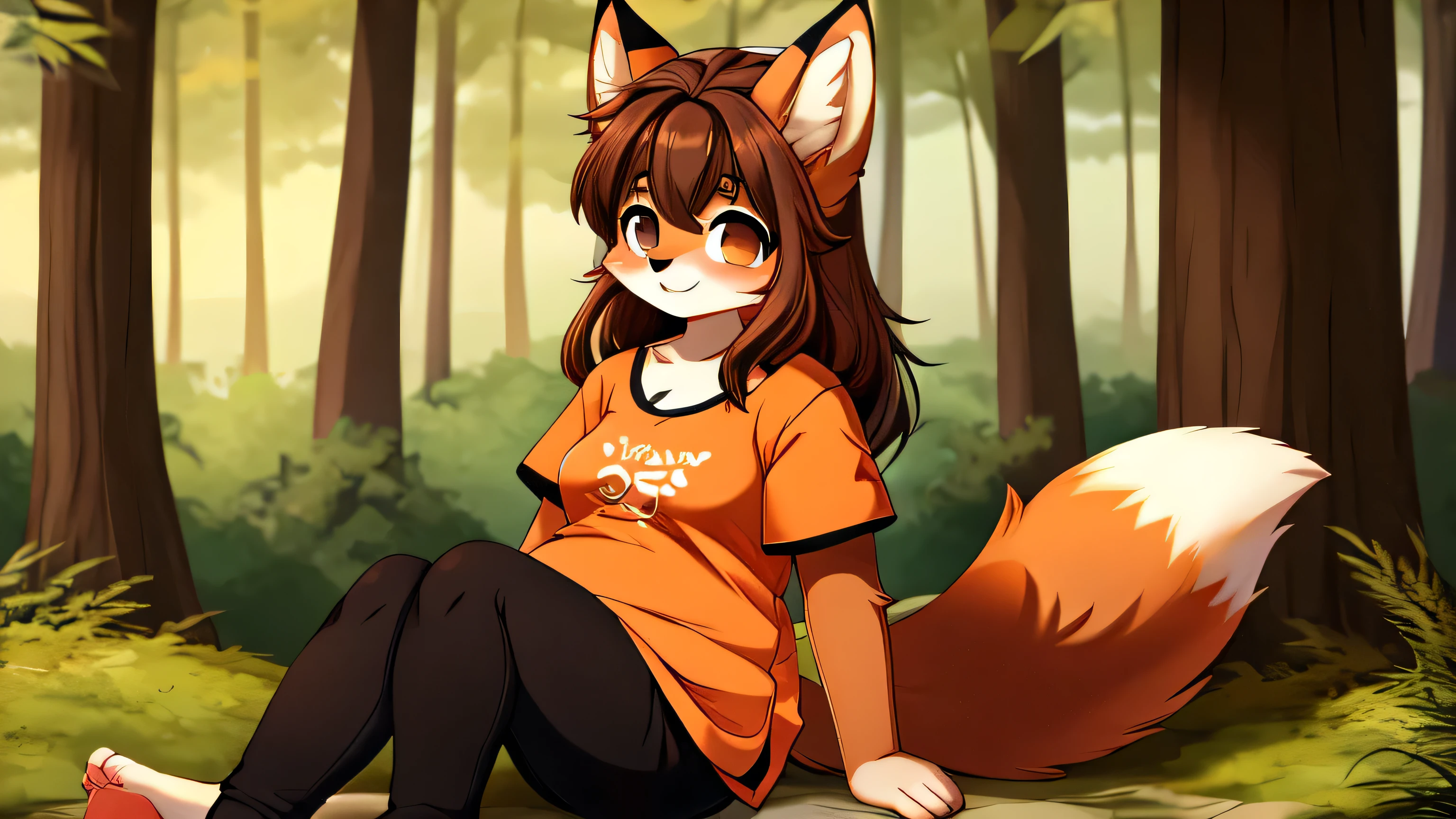fox girl, furry female, shy, solo, chubby, brown hair, brown eyes, blushed, cute, black leggings, orange t-shirt, sitting, forest, morining, wallpaper