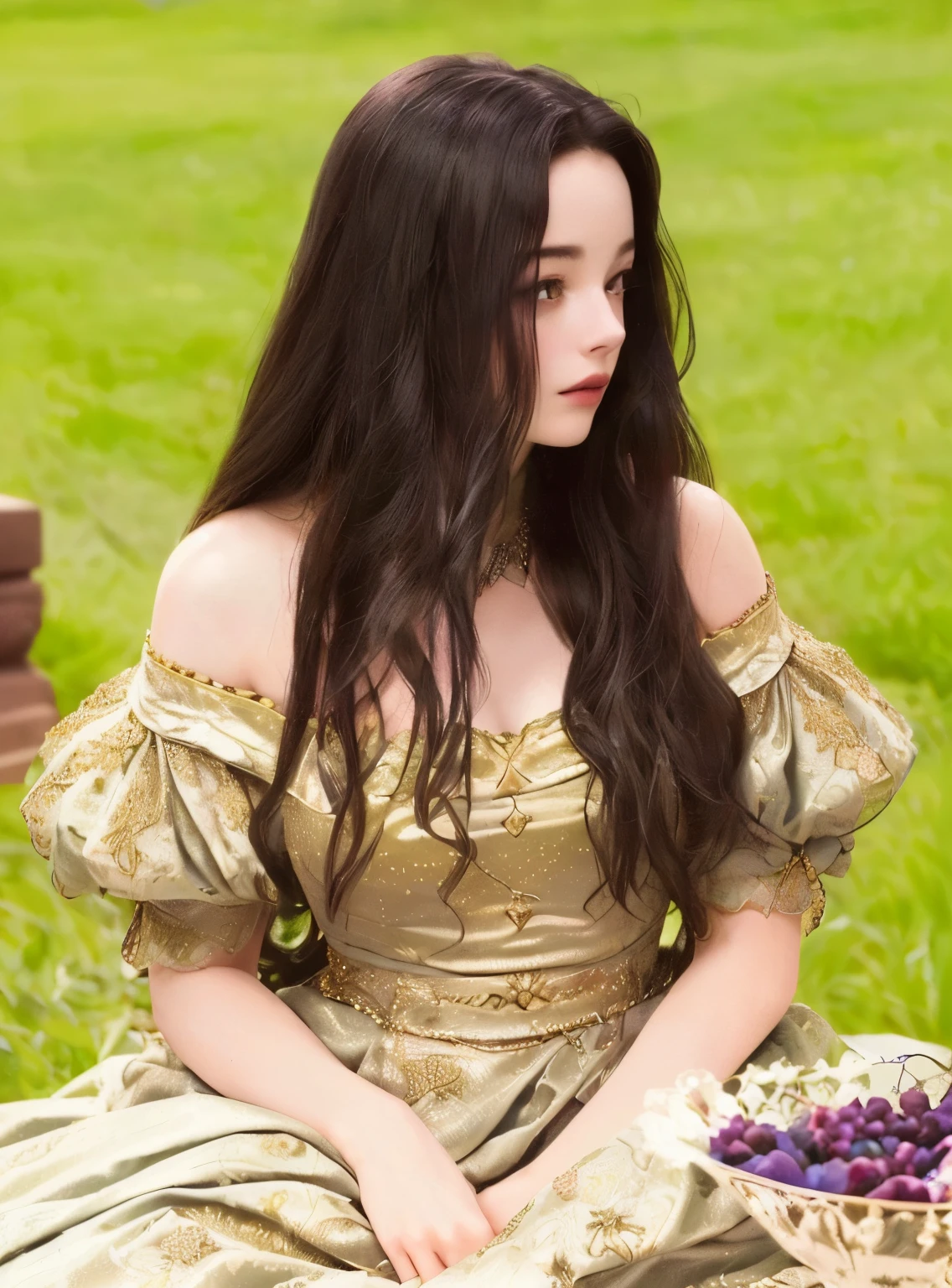 mujer araffe con un vestido sentada sobre una manta con un plato de uvas, hermosa kacey rohl, pelo barroco, inspirado en Sophie Pemberton, rizos barrocos, as a medieval fantasy character, 1 Duquesa del siglo 7, kaya scodelario, disfraz de estilo victoriano, foto promocional, bonita mujer vampiro eva verde, mackenzie foy, bonita vampira verde eva