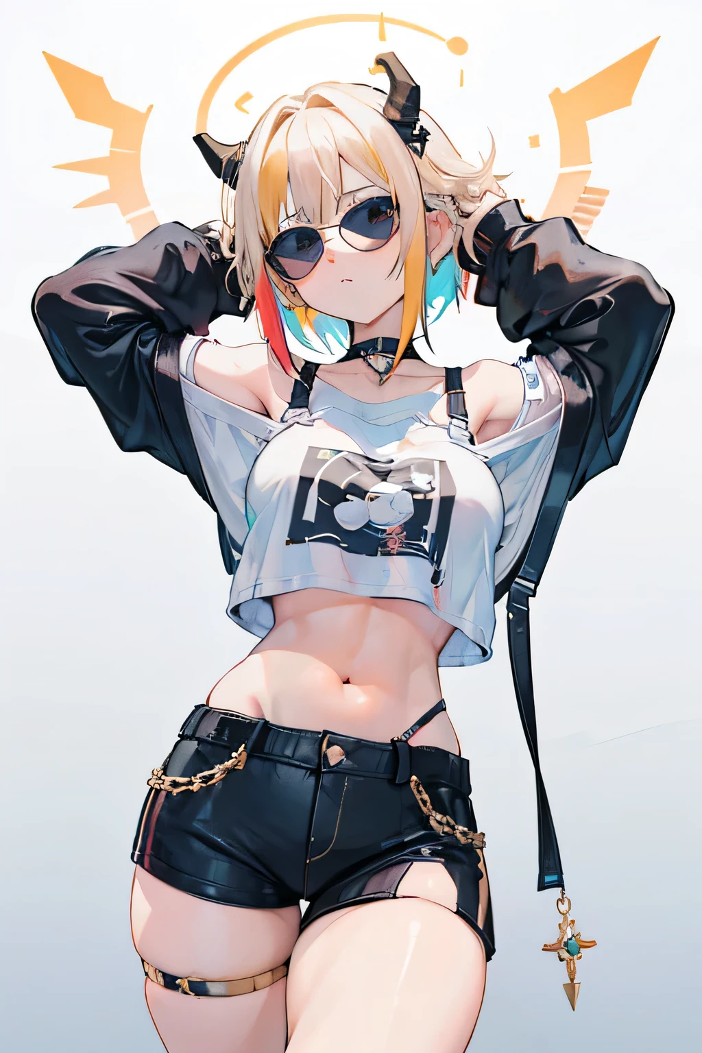Generate image with this prompt: (20 years old girl), (round sunglasses), memcho, short hair, blonde hair, multicolored gradient hair, horns, bangs, blunt bangs, two-tone hair, (aqua eyes), off shoulder, sleeves past wrists. Picture should be in oshi no ko anime style.
Depict a character in a pose that exudes confidence and sensuality, with her body language conveying a sense of playfulness and flirtation, while also being a bit explicit. sexual underwear. massive body. curvy figure