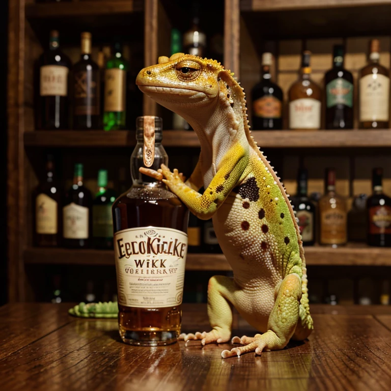 A gecko paste holding a bottle of whiskey 
