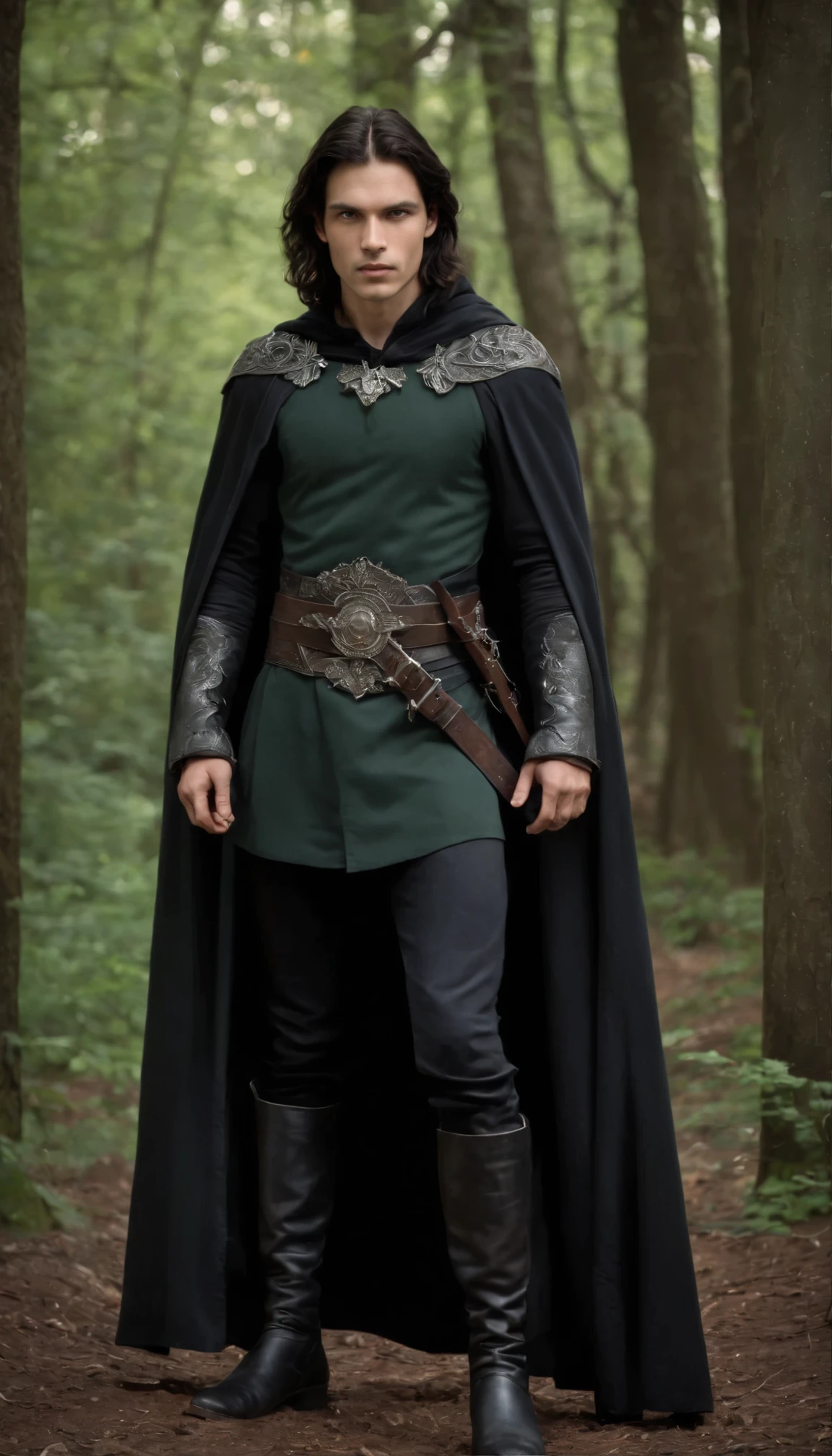 Full-length,Tarot card style, magical theme, male figure, 26 years old, green eyes, black hair, black and silver clothing, windswept cape, tall black boots, heavy short blade hanging from belt, silver gloves with scales, silver rose clasp at throat, text "Korvin" at bottom, detailed face, moody portrait lighting, fantasy atmosphere, aged paper texture, metallic ink accents,