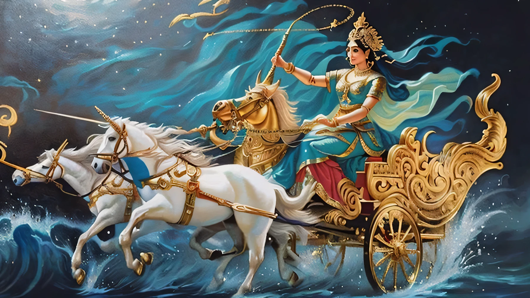 painting of a woman riding in a chariot with a horse and a man on it, chariot, beautiful godrays, mythological painting, goddess of travel, tarot card the chariot, indian goddess of wealth, queen and ruler of the universe, woman riding a flying unicorn, goddess of greek mythology, mystical atlantean valkyrie, of indian princess, chinese mythology