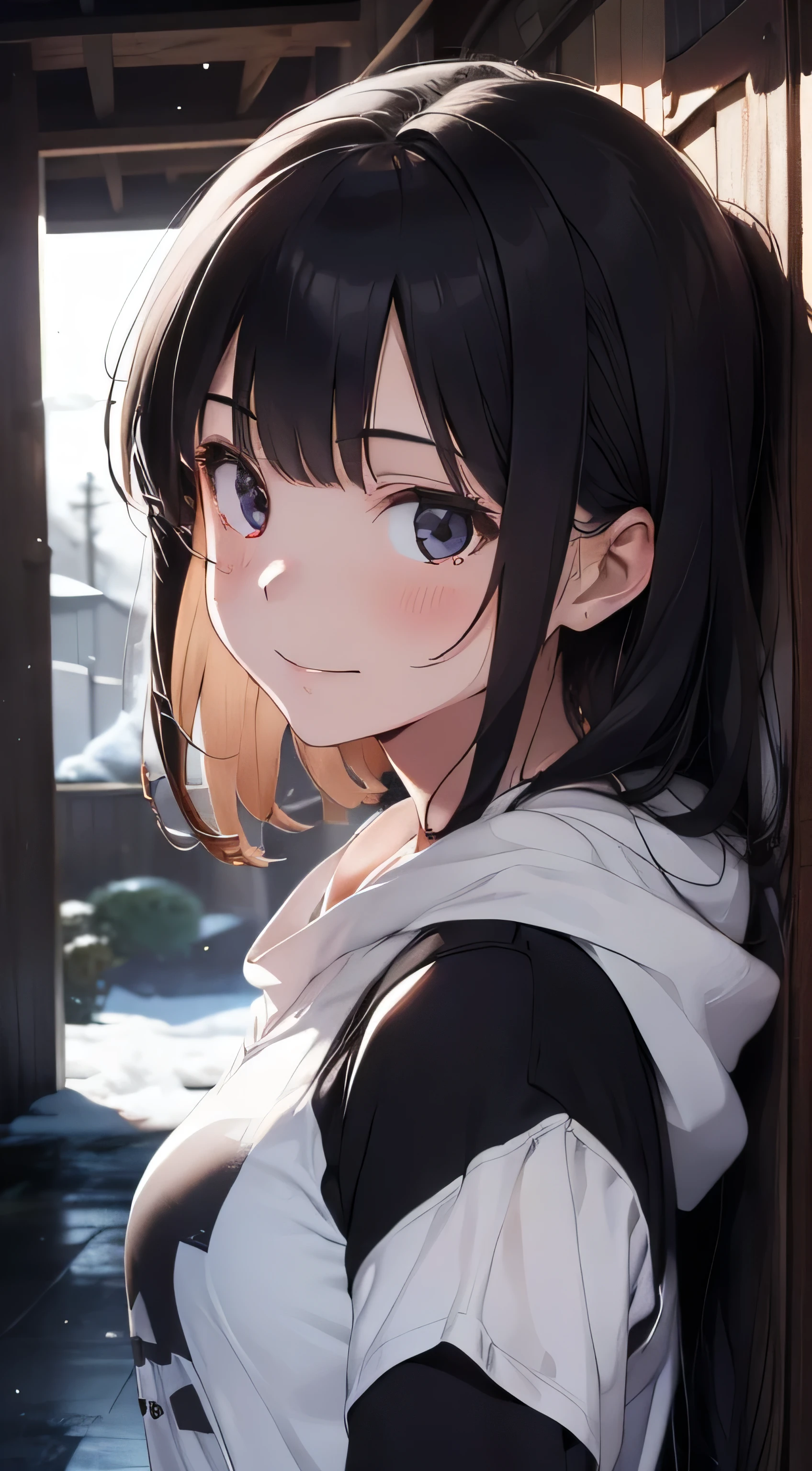 Masterpiece, best quality, realistic, (1 girl: 1.3), black shirt with white oversized hoodie, shawl long hair, appears melancholic and sad but also forcefully smiling and transient in her expression, snow white skin, half body, (looking sideway:1.5)