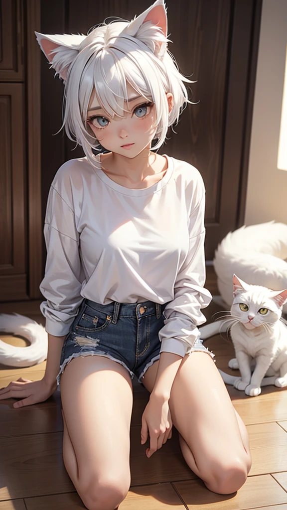 1girl, ebenya, looking at viewer, white hair, neko, cat ears, cat tail, white shirt, shorts, open clothes, kneeling