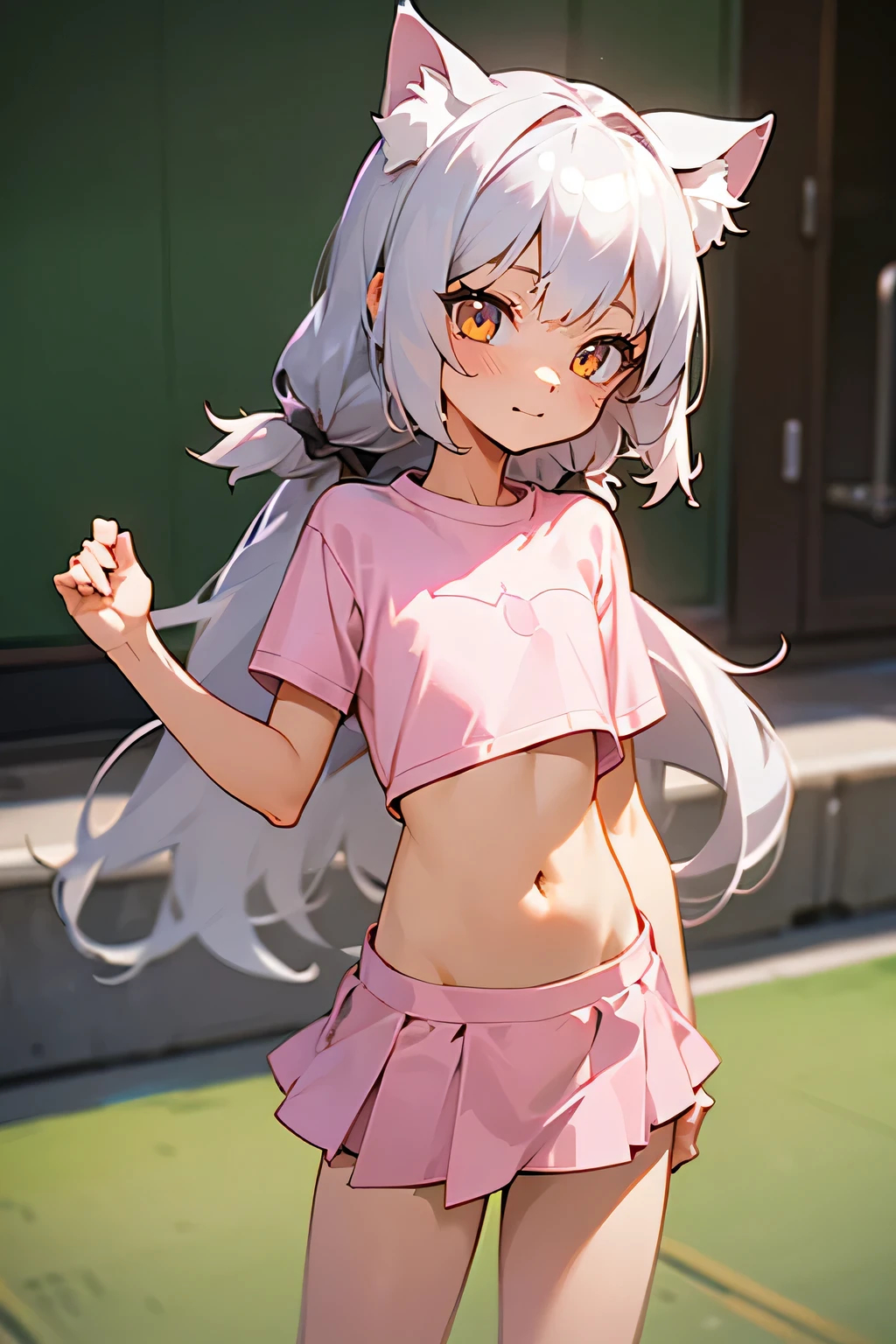 1girl, silver hair, golden eyes with pupils, ((skinny)), ((petite)), short, small, ((neko)), (cropped solid pastel pink tshirt), long hair, short skirt, (((kid))), cat ears, happy, blush, flat chest, midriff, at school, tummy