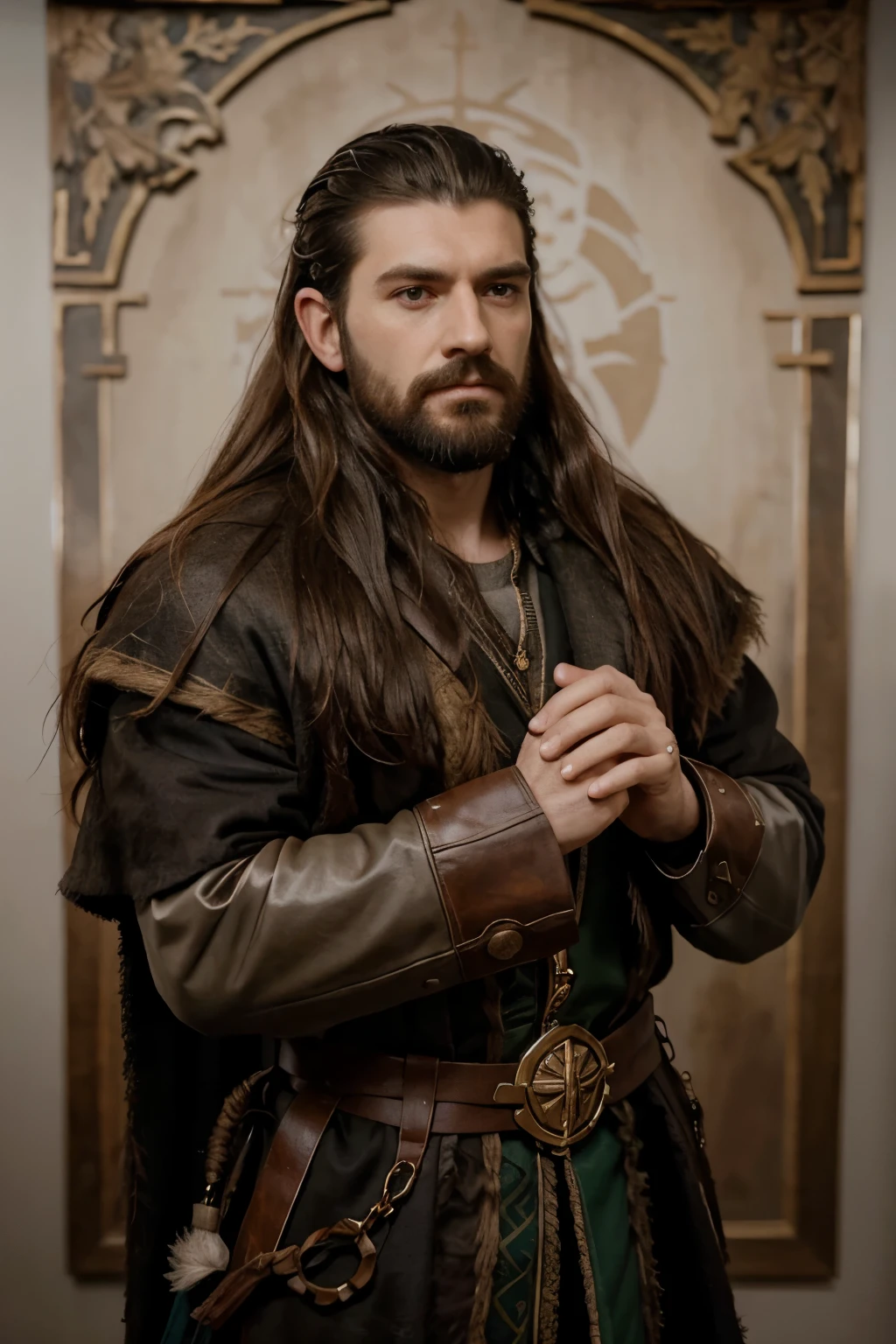 Genera un lienzo en acuarela del retrato de un hombre de cabello largo inspirado en Thorin Escudo de Roble 