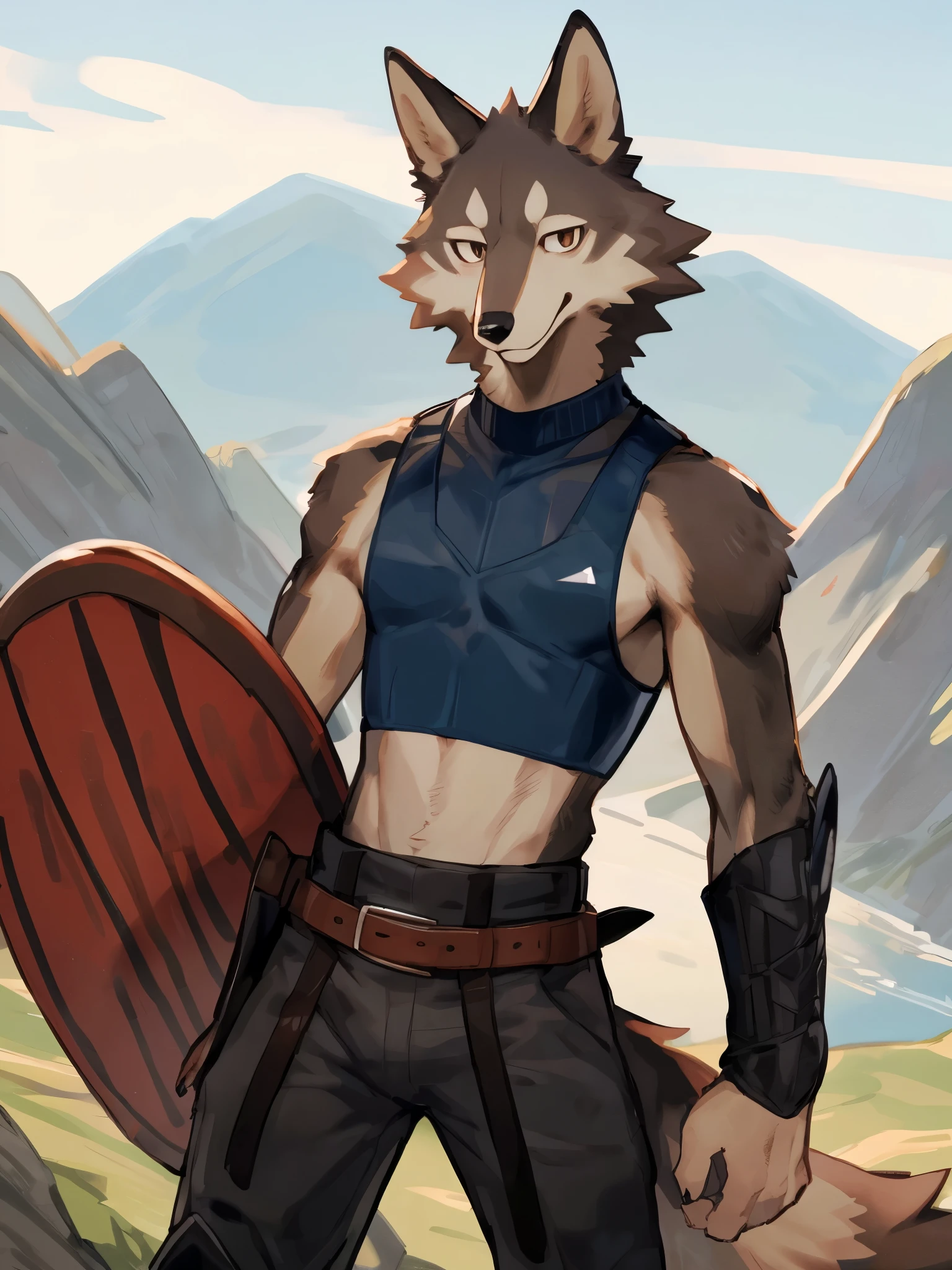 ((by Bebebebebe, by K0BIT0WANI, by Zackary911, best quality, masterpiece, perfect anatomy, detailed picture)), 1male, Wolf, brown furs, dark brown eyes, young body, skinny body, tail, blue crop top, black belt, grey pants, brown boots, holding sword in the left hand, holding shield in the right hand, look the viewer, in the mountain road background 