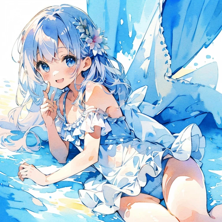Beach, cute moe angel girl, calm, (healing), sitting, playing, watercolor, (cute 6 year old girl), long eyelashes, attractive, sparkling big eyes, ((cute swimsuit dress with lots of ribbons, lace and frills)), big smile. ((watercolor style, moe anime textures)), world full of magical light, ((cute)), gentle, healing, magical fantasy, (((top quality, highest image quality))),