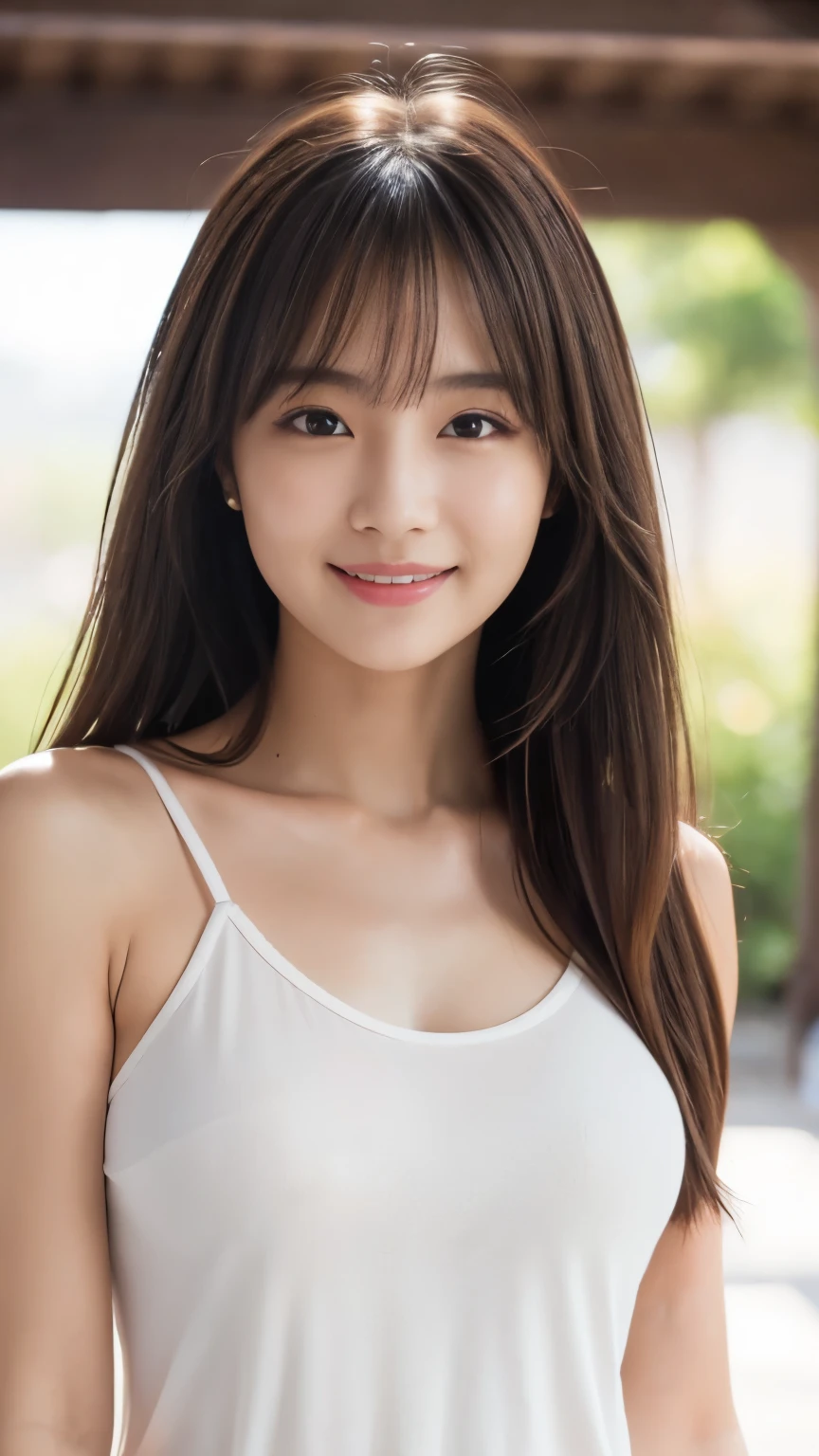 masterpiece, best quality, ultra high res, ultra detailed, sharp focus, 1girl, solo, a stunning pretty and beautiful Japanese sexy model, 19yo, looking at viewer:1.3, (bright smile:0.6), wearing a (blouse), dusk, sunset, night, realistic, slender, (standing:1.1), (looking at the viewer:1.3), sexy gaze, blush, (upper body shot:1.6), medium hair, messy hair, asymmetrical bangs, light brown hair, messy hair style, ((Pure white tank top、Hands behind head、smile:1.5、Light clothing))