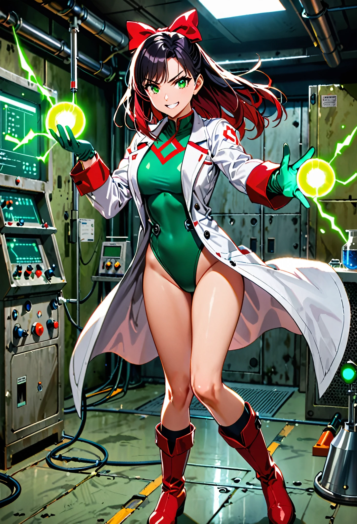 1girl, solo, scientist, mad scientist, red lab coat, green leotard, hair bow, bare legs, boots, gloves, black hair, long hair, hazel eyes, scheming pose, professional, laboratory backdrop, cowboy shot, bunker, evil grin, atom, powering up, full body costume design, glow, energy pulse