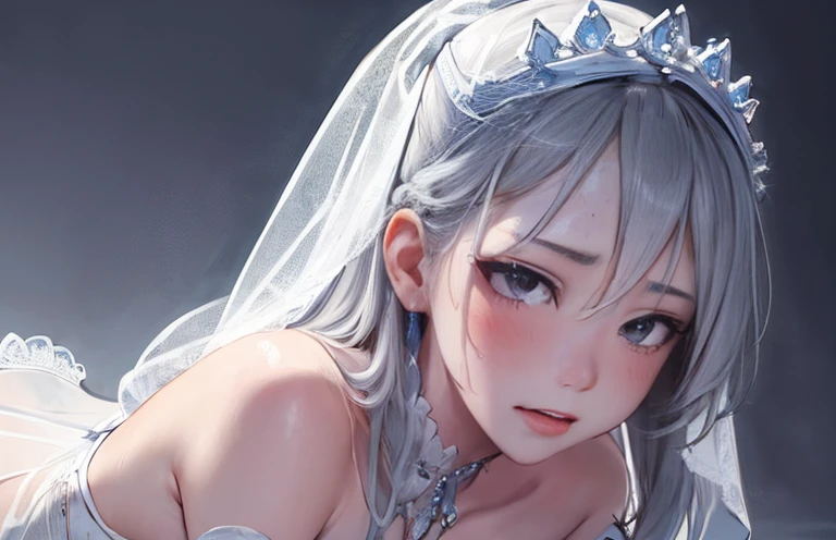 (Very detailed, Reasonable design, Clear lines,Best Quality, masutepiece,Light Light and Dark Light Canon Photo Crystal Clear （realisticlying:1.2）Beautiful woman in white wedding dress, (From  above:1.3), (Best Quality:1.2), Super Detail, high details, Mask work shining with beautiful blue eyes、white  hair、silber hair、((Beautiful breasts :1.1)), (Exposed breasts）0p、mix４, (Best Shadow: 1.1), ((tongue、Vaginal orchids、Runny Vaginal Discharge、Blowing tide)）、Very beautiful breasts、（((Raise both hands))）、sexual excitement、Sex Expressions、shinny skin。realisitic、Photorealsitic:1.37)、(Kpop Idol)、((kneeking)）、dishevled hair、Medium Hair、(Pink blush)、(illuminating)、[[Kneel、Open legs、Get on your knees]]、(独奏)、（sexypose）、((erectile nipple))、(Puffy eyes:1.２)、 (Slim legs)、erotick、nffsw、Highly detailed ambient occlusion、超A high resolution, A hyper-realistic, Highly detailed, (yawning), (((exhibitionism))), ((she is soaking wet)).Photo