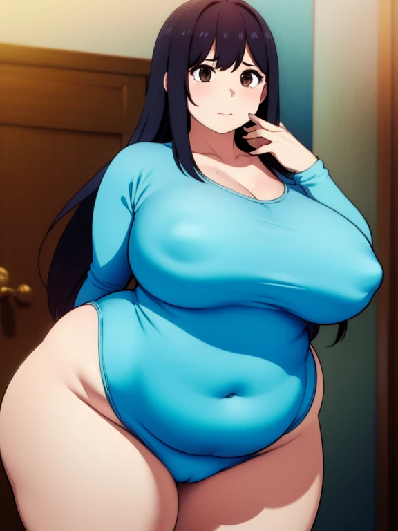 Plump black hair brown eyes longer year 21 big breasts chubby longer hair cyan leotard