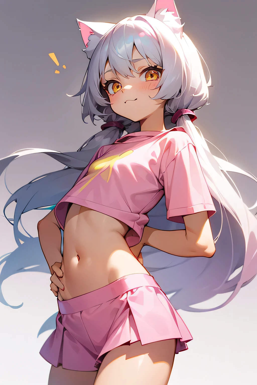 1girl, silver hair, golden eyes with pupils, ((skinny)), ((ite)), short, small, ((neko)), (cropped solid pastel pink tshirt), long hair, short skirt, (((kid, cat ears, happy, blush, flat chest, midriff, at school, tummy